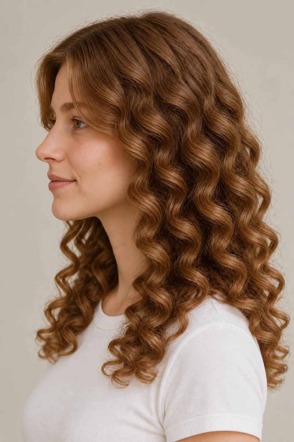 Left profile of long warm-brown spiral curls showing medium ringlets from near the roots to the upper chest