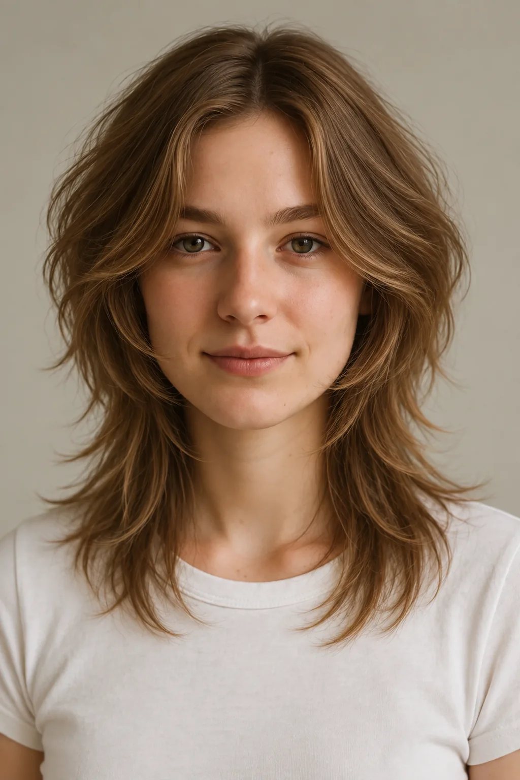 Front view of a brown medium octopus haircut with rounded upper layers, center-parted curtain framing and lighter piecey ends below the collarbones