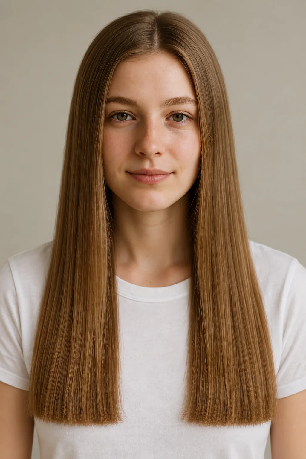 Front view of long brown blunt-cut straight hair with an exact center part, no bangs and full chest-length ends