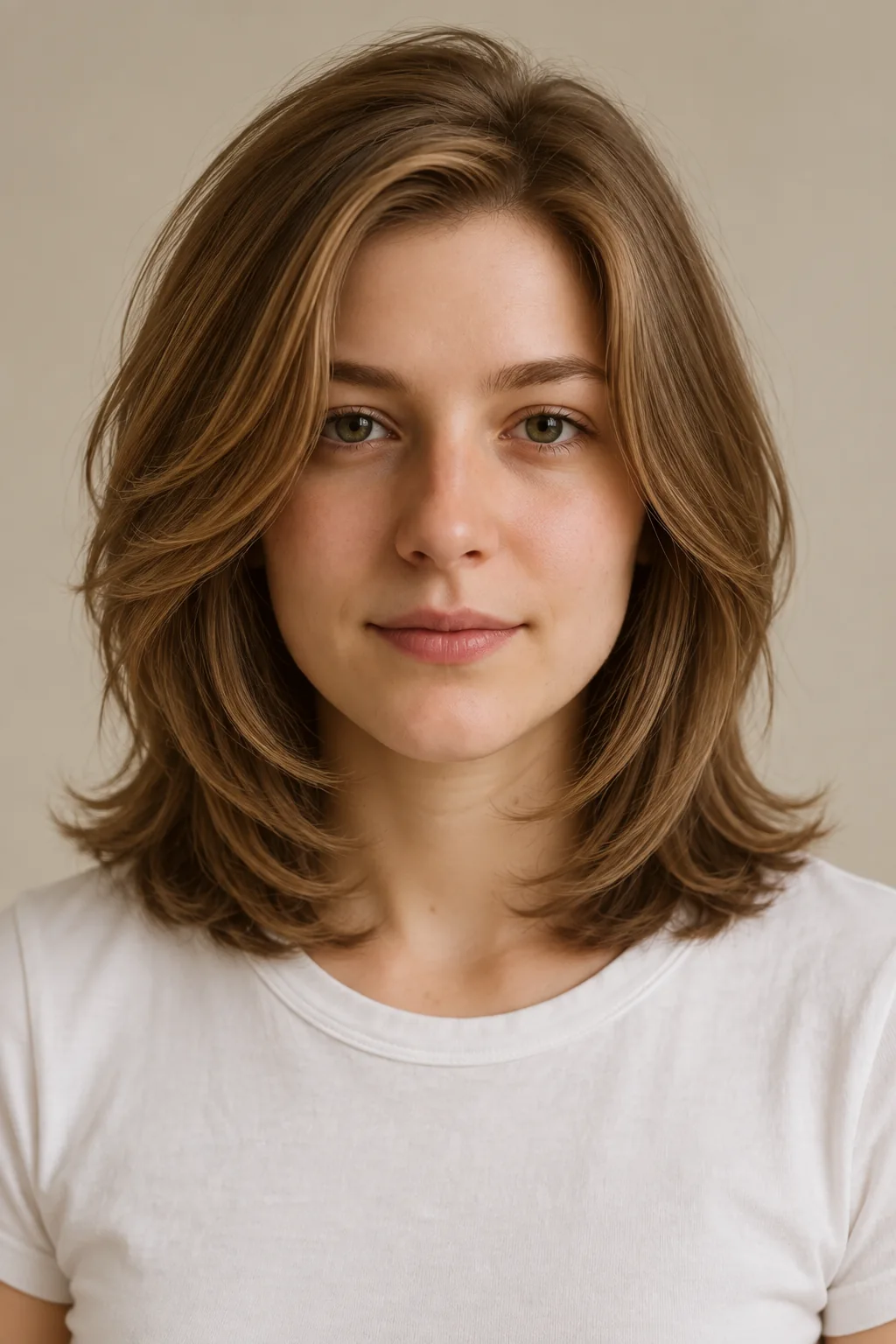 Front view of a brown shoulder-length Rachel haircut with a side part, lifted roots and rounded face-framing layers