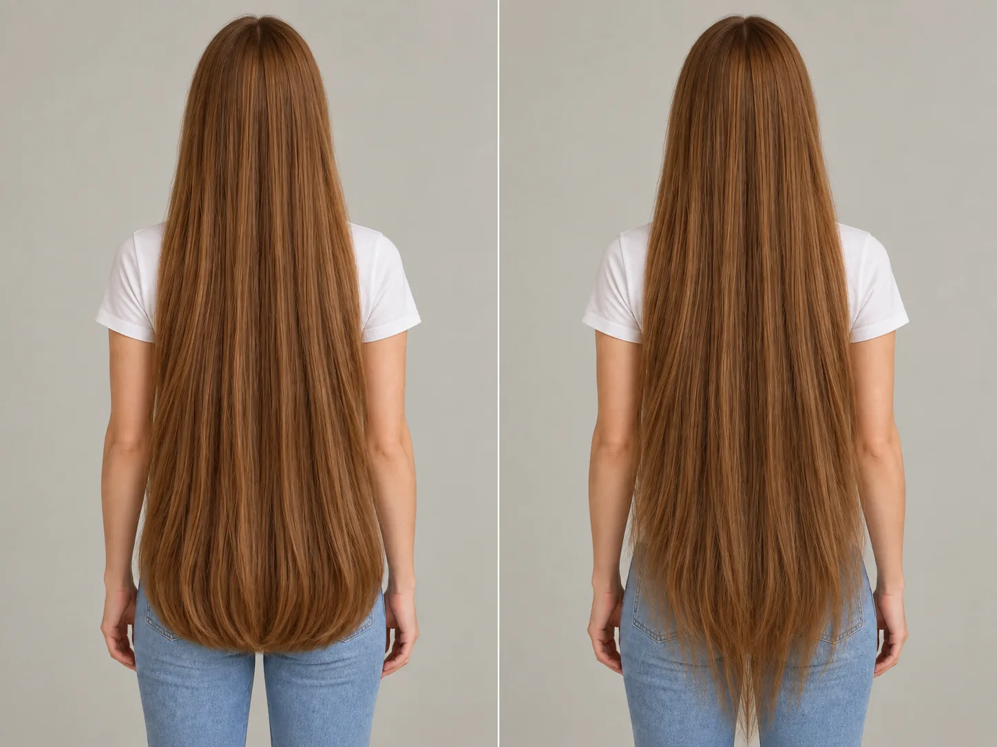 Two rear views of the same extra-long hair: a dense, softly rounded perimeter on the left and a longer perimeter thinning into a see-through tail on the right.