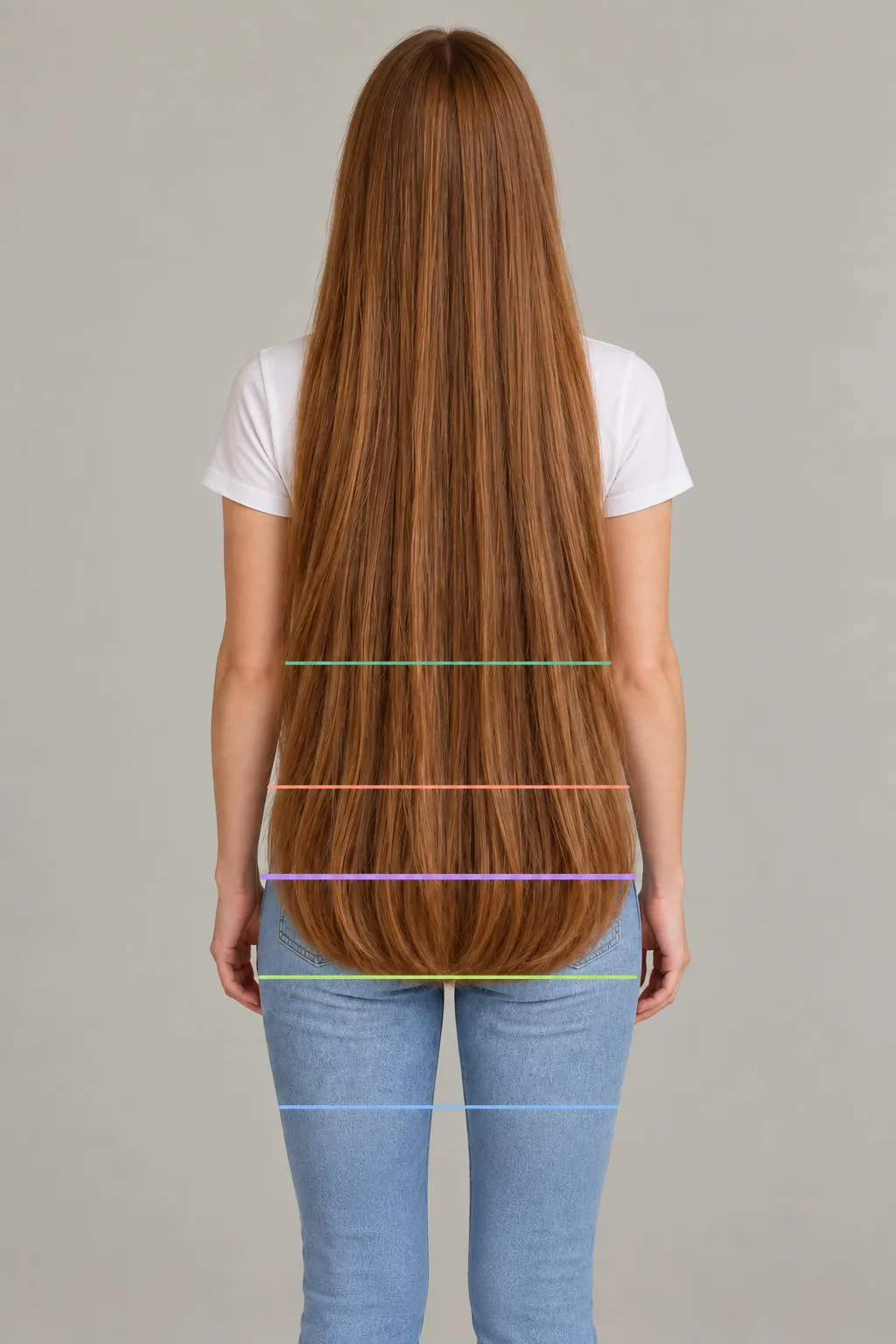 Rear view of extra-long hair with thin colored lines across the body at waist, hip, tailbone, classic and mid-thigh height; the ends of this reference sit around the classic line.