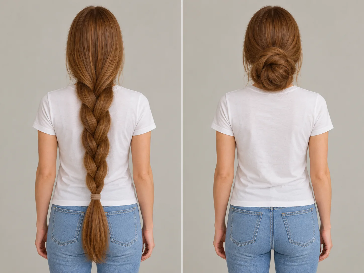 The same extra-long hair worn in a loose low braid secured with a fabric-covered band, and wound into a large, soft low bun at the nape.