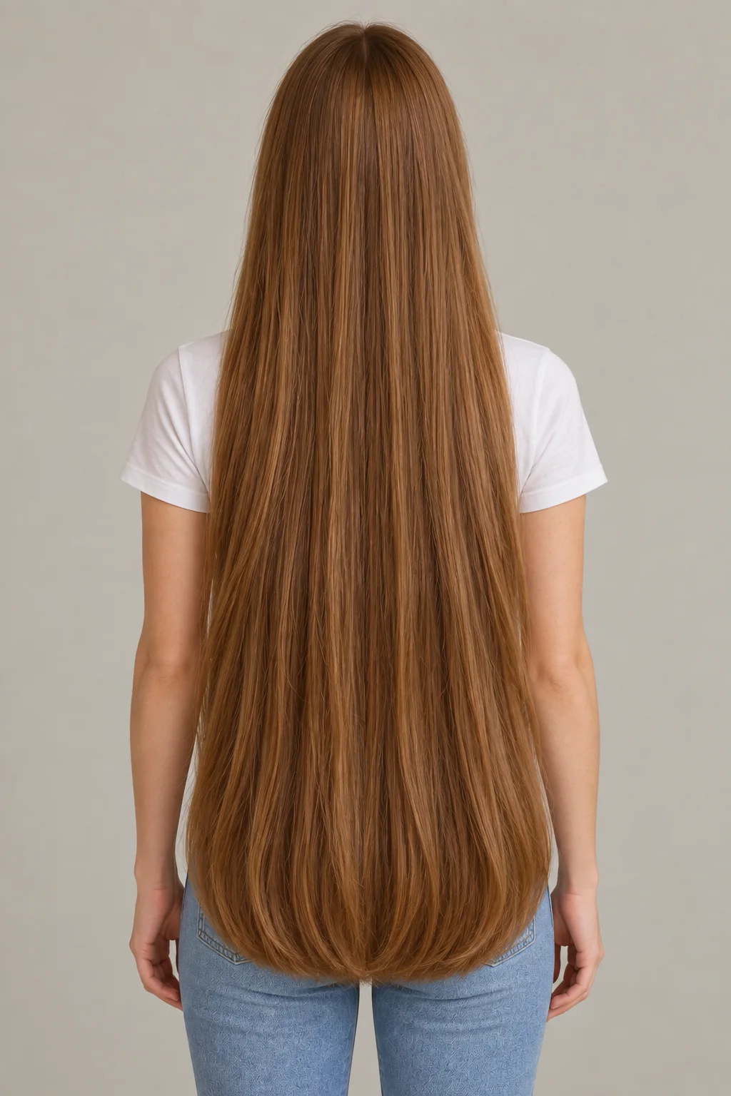 Full rear view of warm-brown extra-long hair with a dense softly rounded upper-thigh perimeter