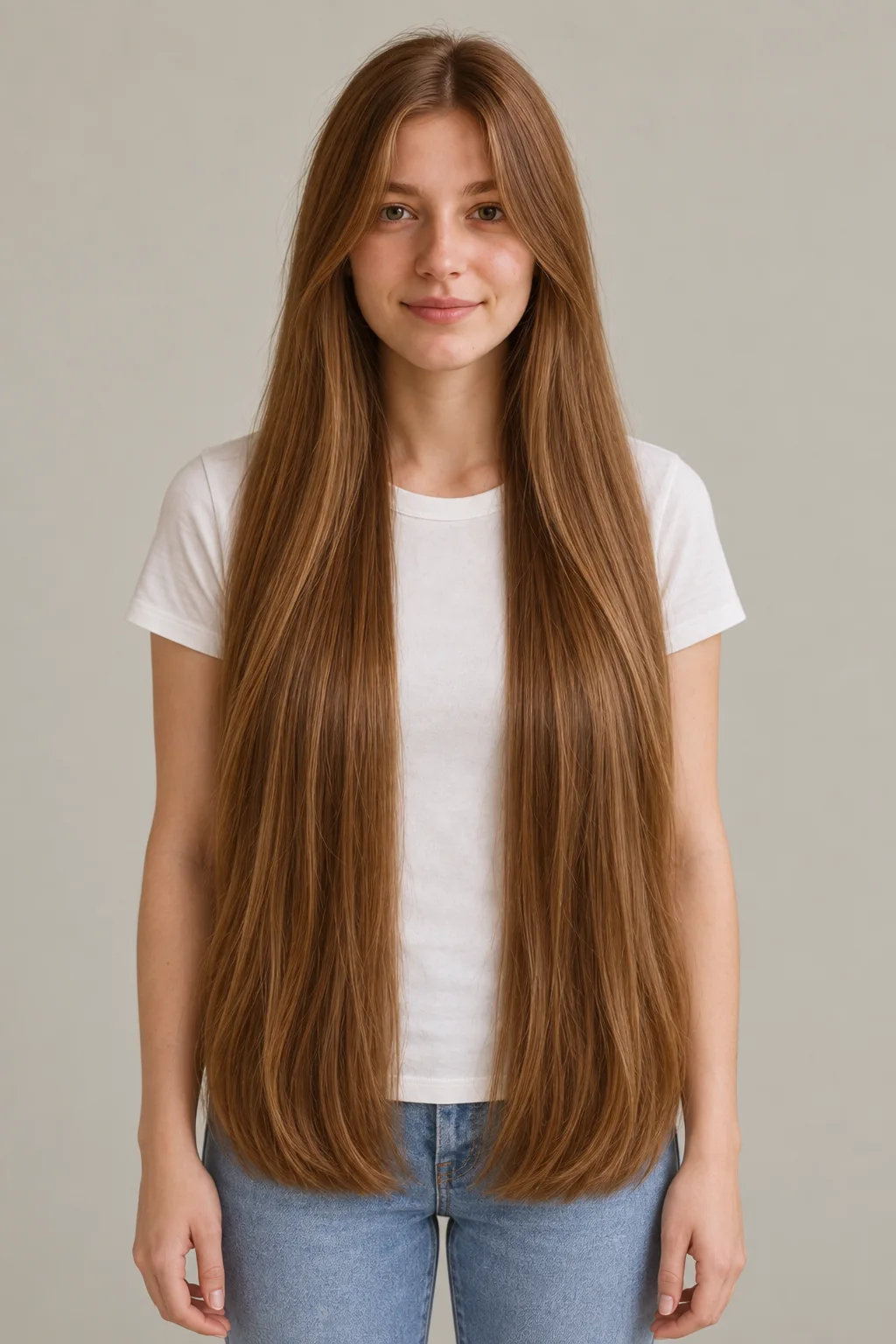Full front view of warm-brown extra-long hair reaching the upper thighs with a center part and dense rounded ends