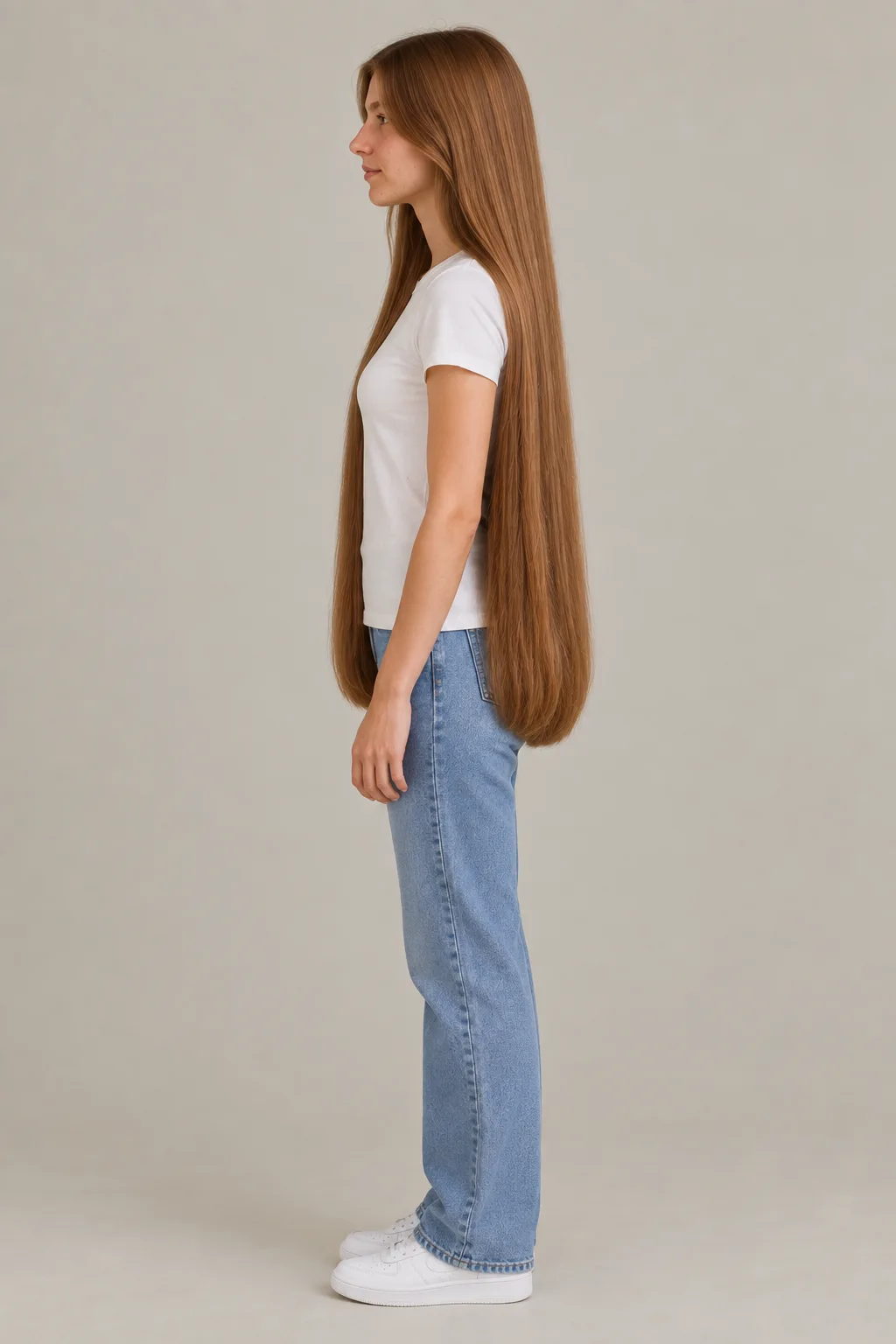 Full left profile of warm-brown extra-long hair reaching the upper thighs with minimal layers