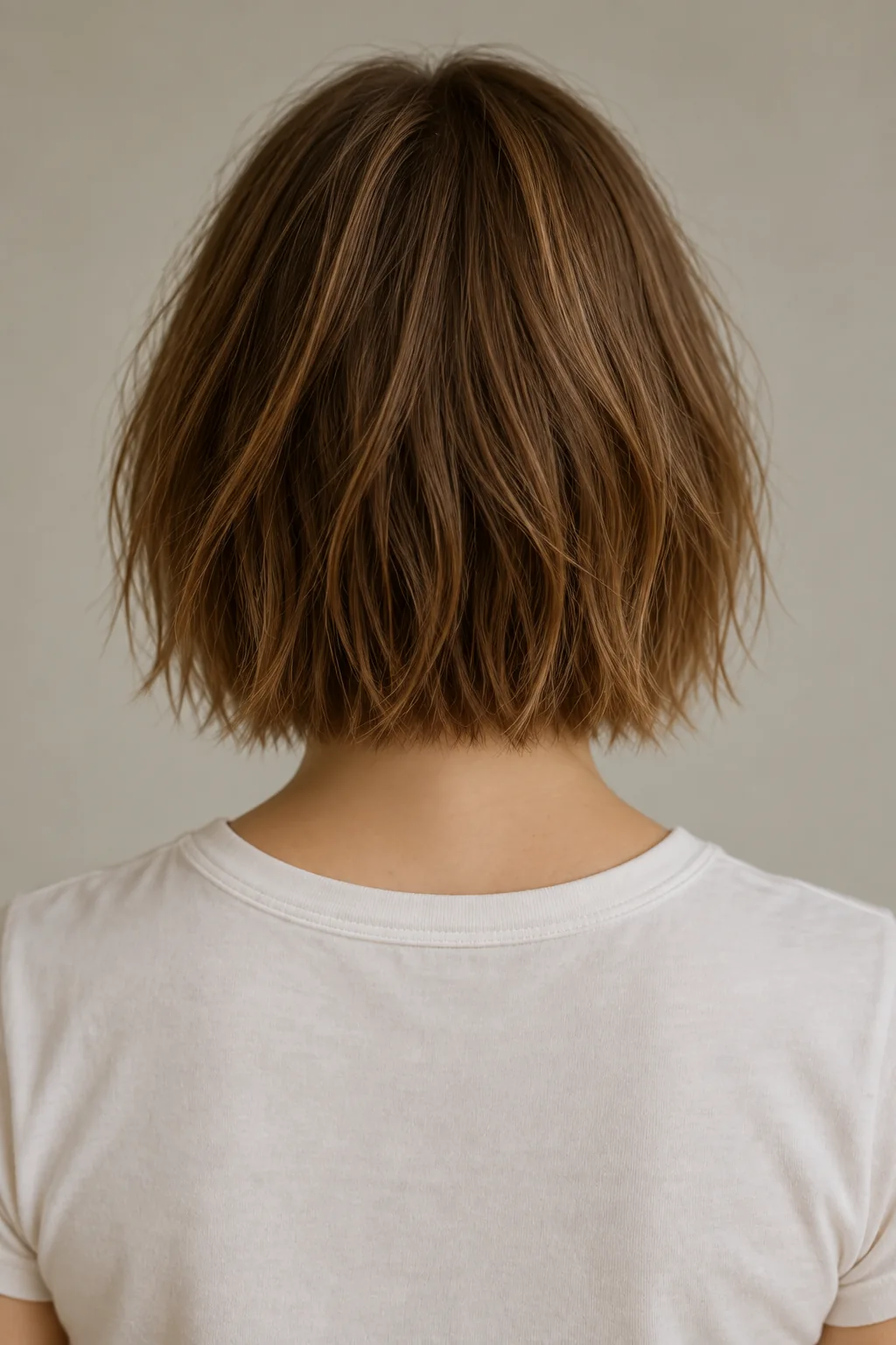 Back view of a brown razor-cut bob with irregular tapered ends and a softly textured upper-neck outline