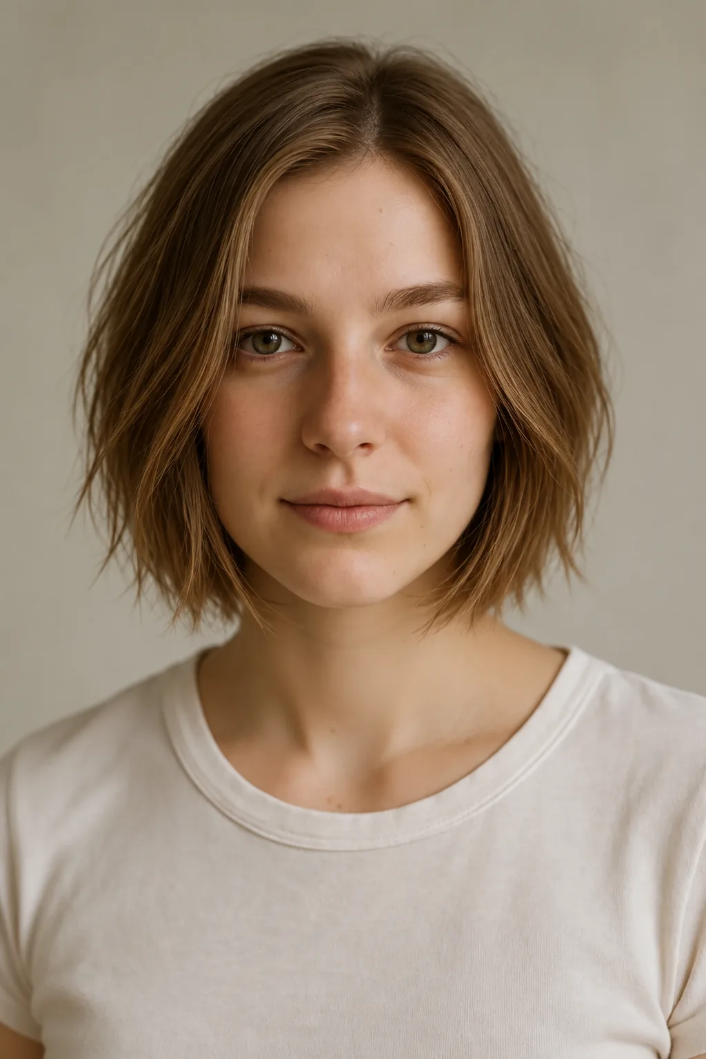 Front view of a brown razor-cut bob with softly separated chin-length ends and an off-center part