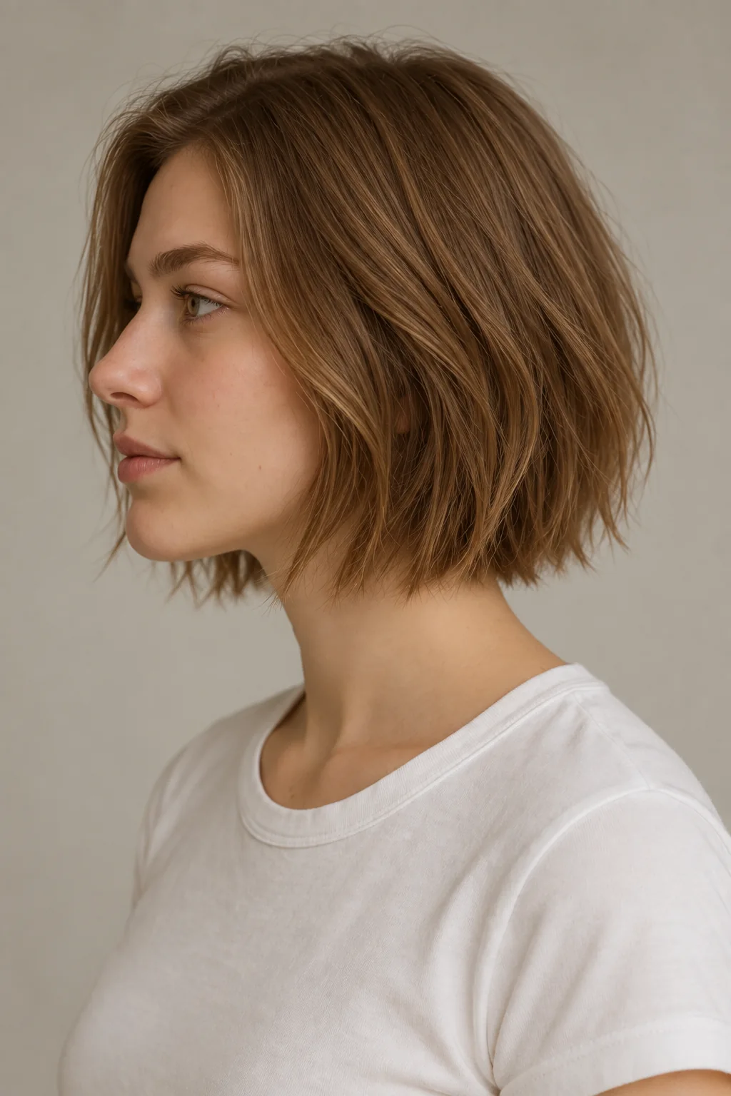 Left side view of a brown textured razor-cut bob with subtle bends and feathered tips around the upper neck