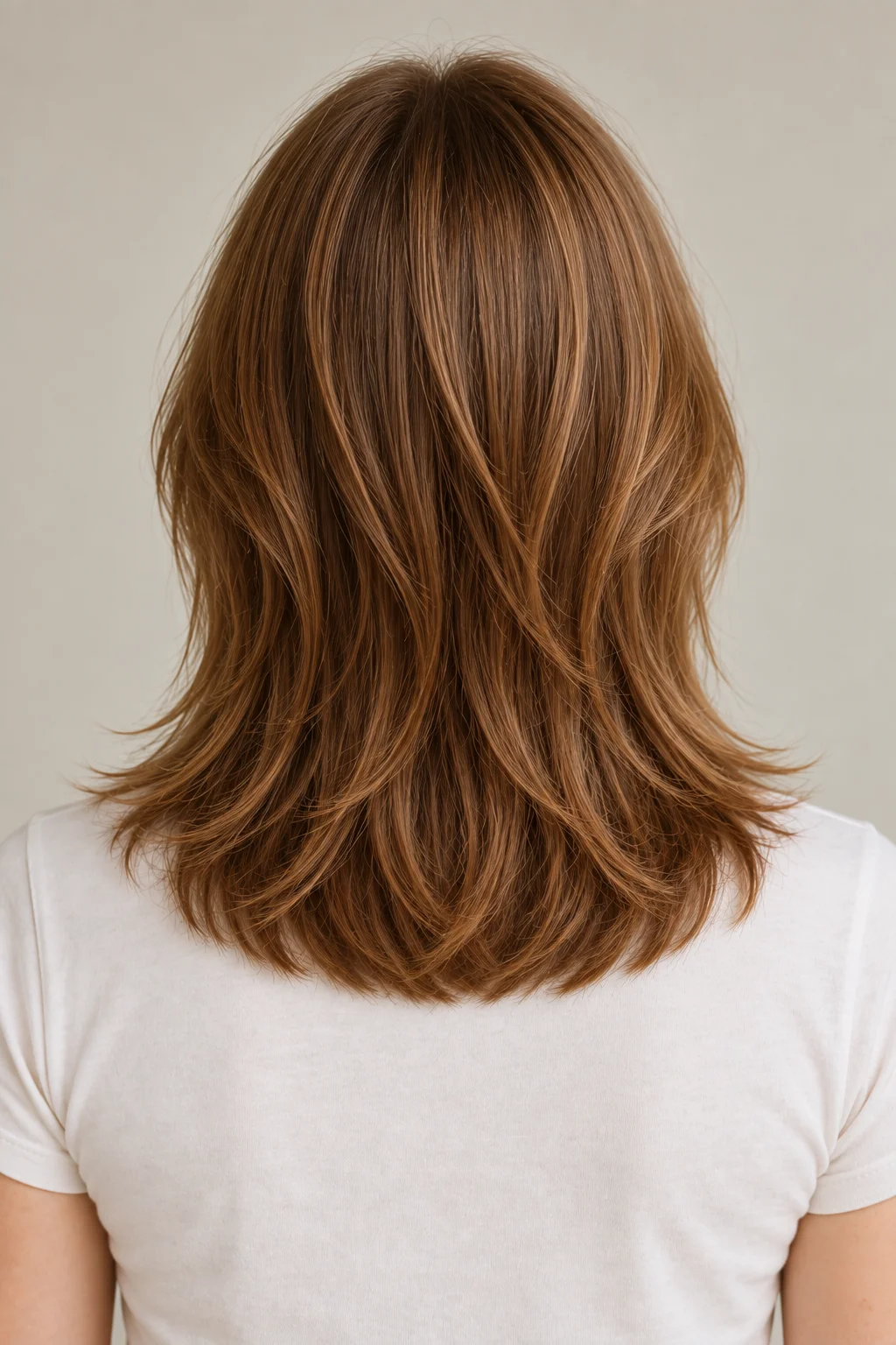Back view of a brown shoulder-length shag with a softly curved perimeter and feathered surface layers