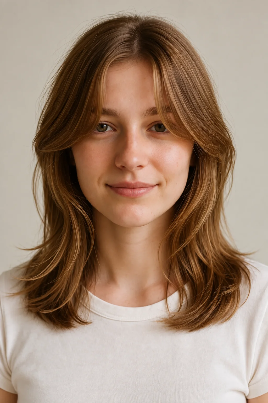 Front view of a shoulder-length brown shag with long curtain bangs and softly flipped ends