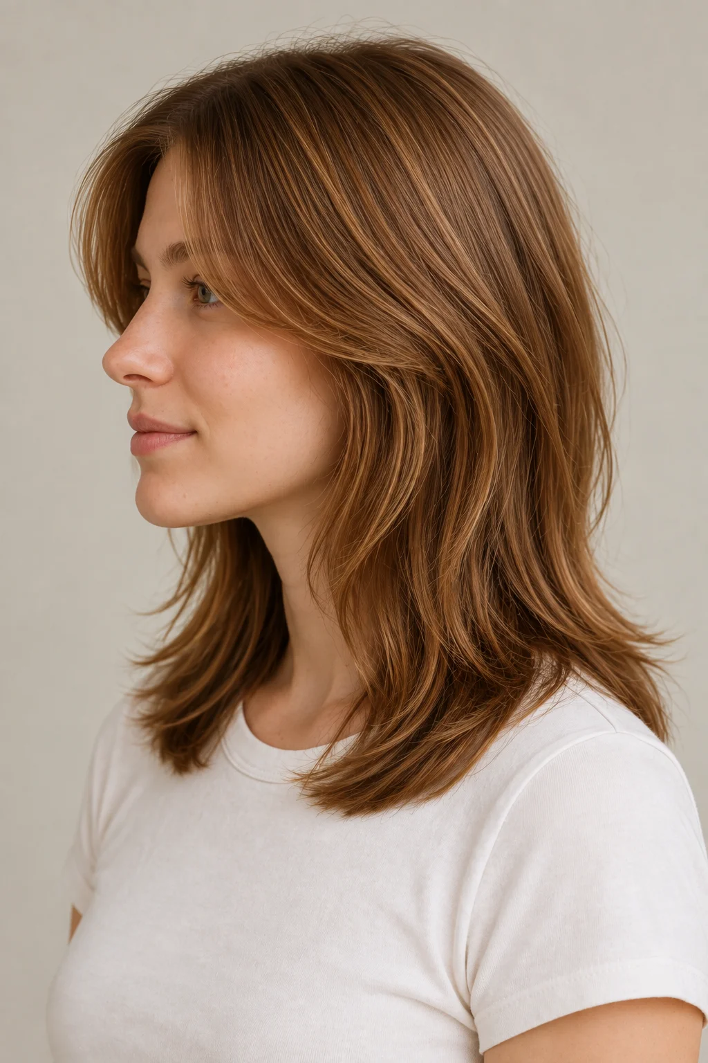 Side view of the shoulder-length shag showing face-framing layers blending into the ends