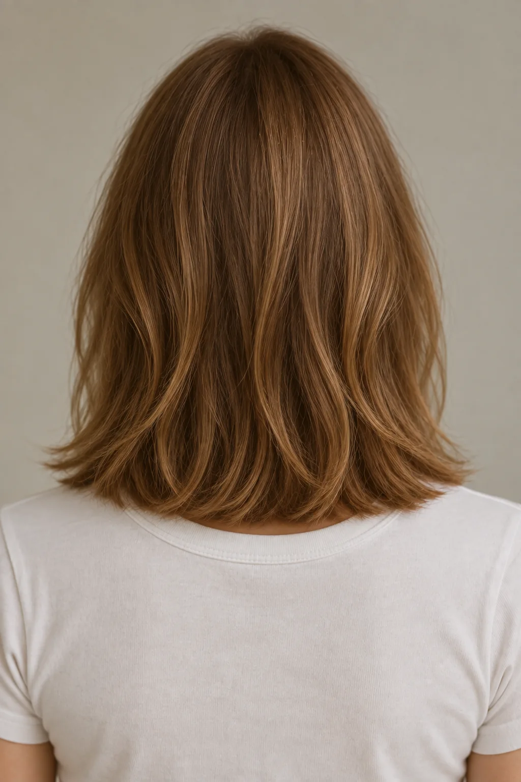 Back view of brown shoulder-length layers with a softly full shallow U-shaped outline and long blended lower layers