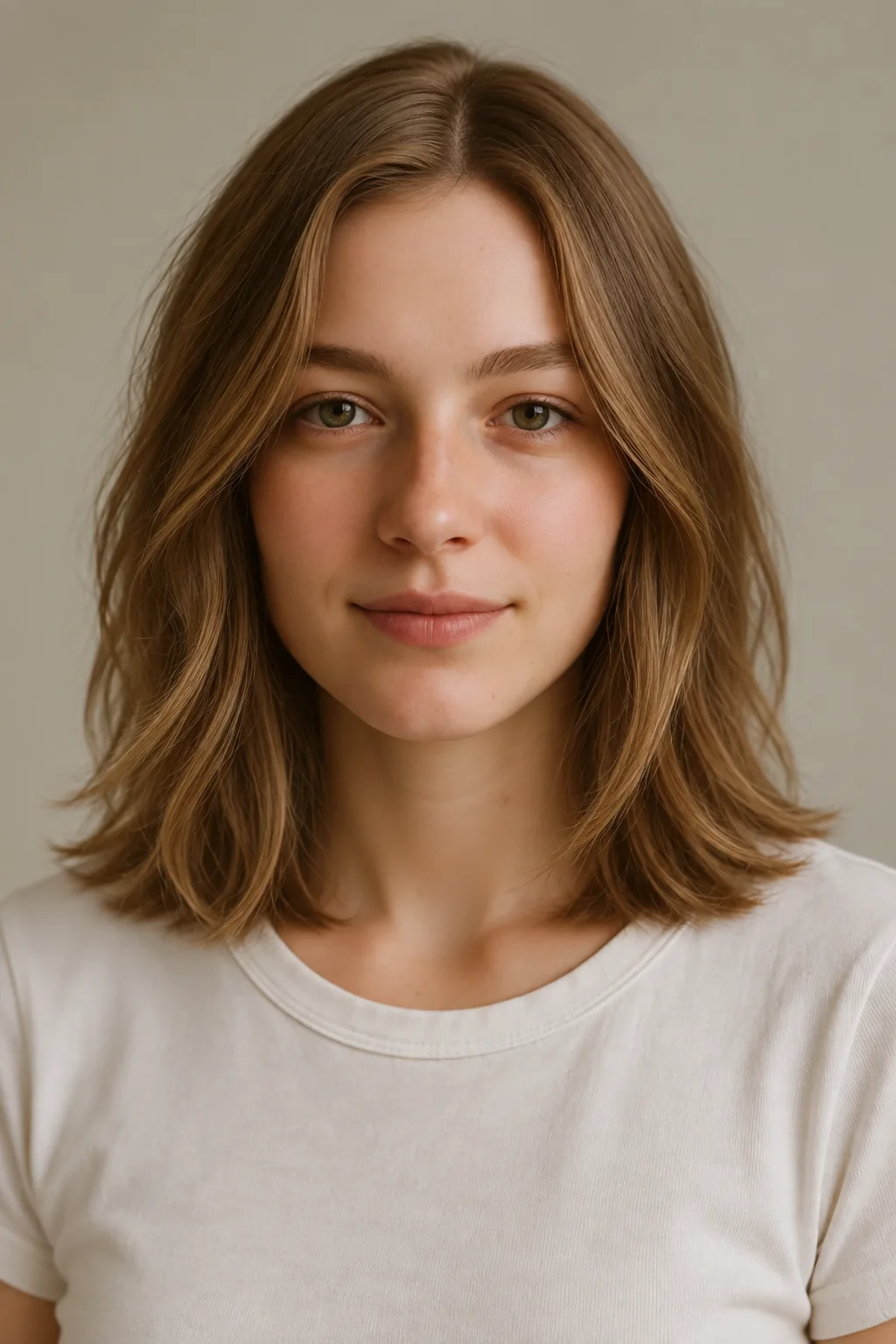Front view of brown shoulder-length layers with below-chin framing, an off-center part and ends touching the shoulders