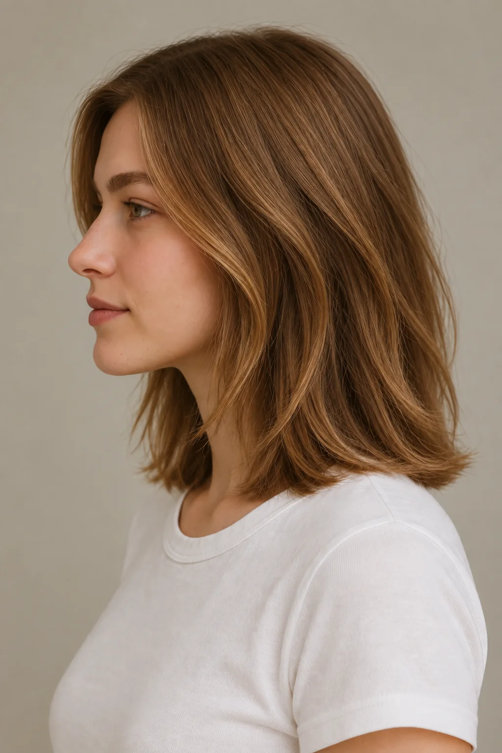 Left side view of brown shoulder-length layered hair with long connected layers and softly bent ends resting on the shoulder