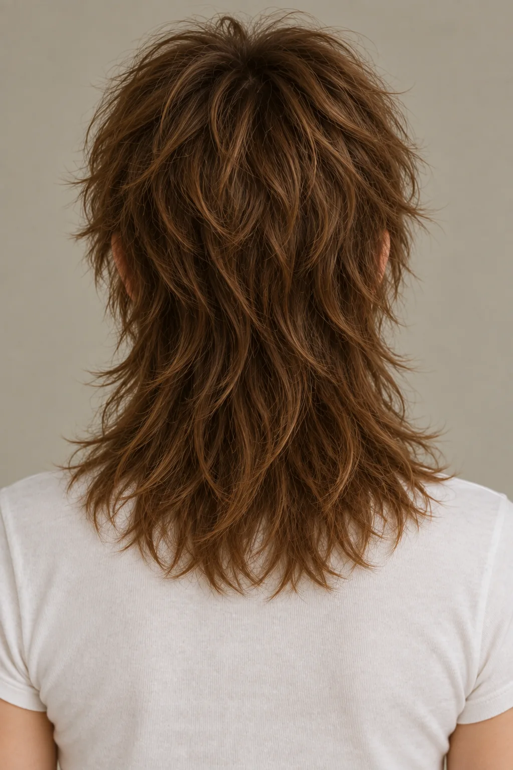 Back view of a brown shullet with short textured crown layers and a longer feathered shoulder-length nape