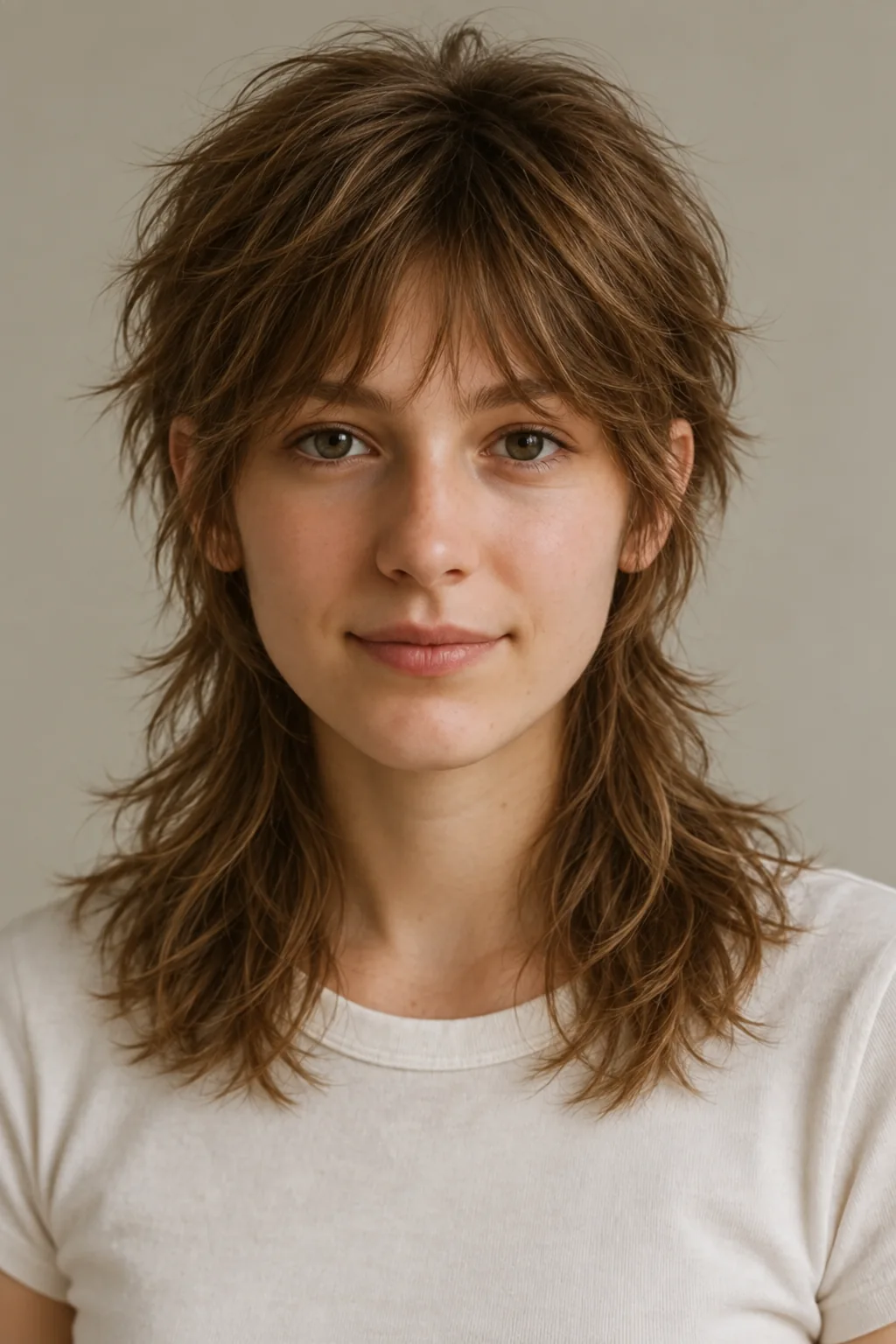Front view of a brown shullet haircut with wispy brow-length fringe, short tousled crown and sides, and longer shoulder-length rear layers
