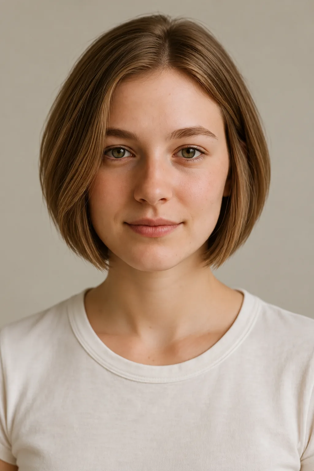 Front view of a brown stacked bob with equal chin-length sides, a soft side part and no bangs