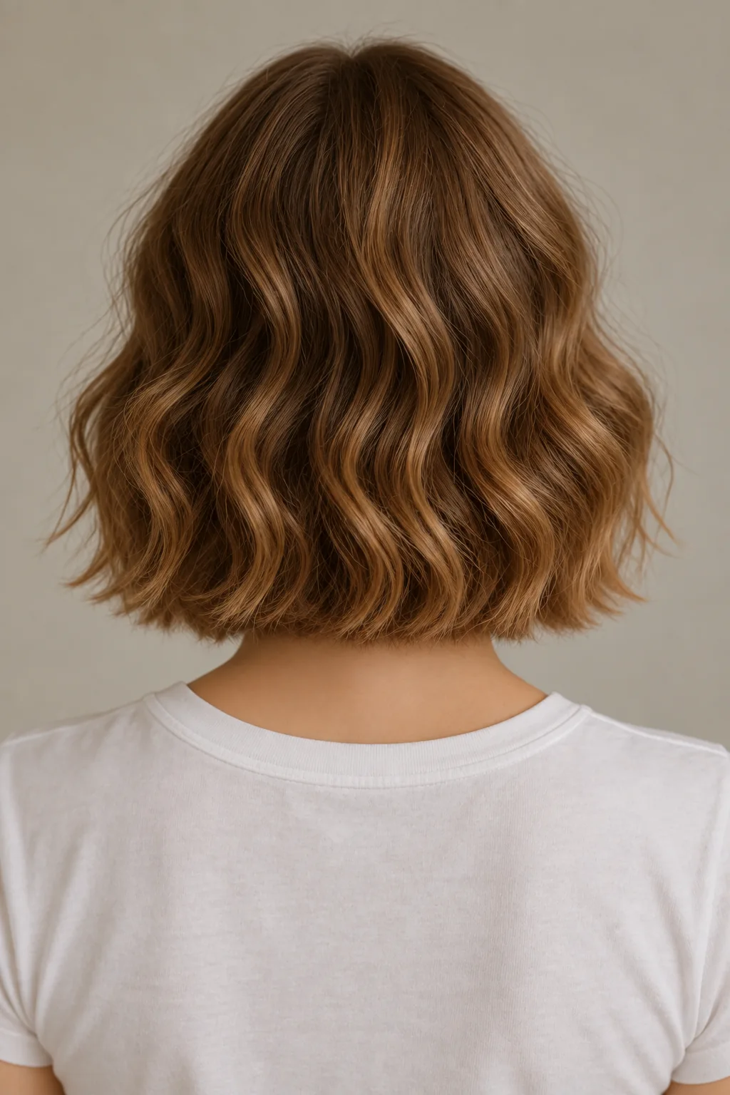 Back view of a brown wavy bob with irregular loose S-waves and a softly full upper-neck outline