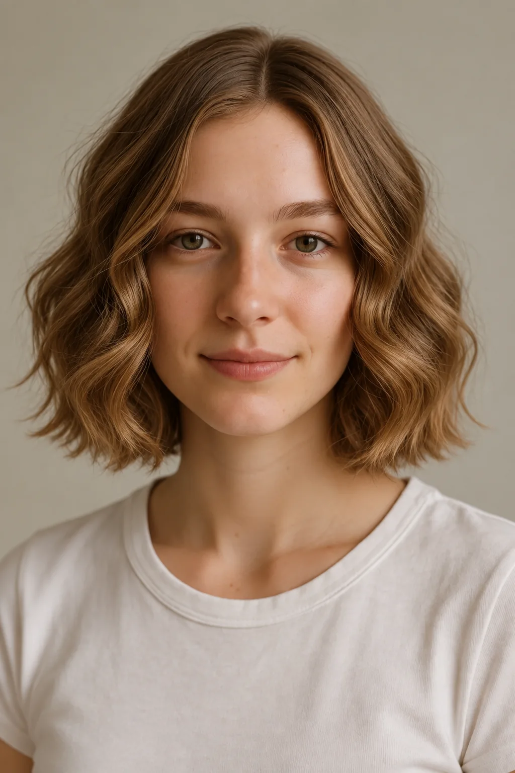 Front view of a brown wavy bob with broad soft S-waves, an off-center part and ends just below the chin