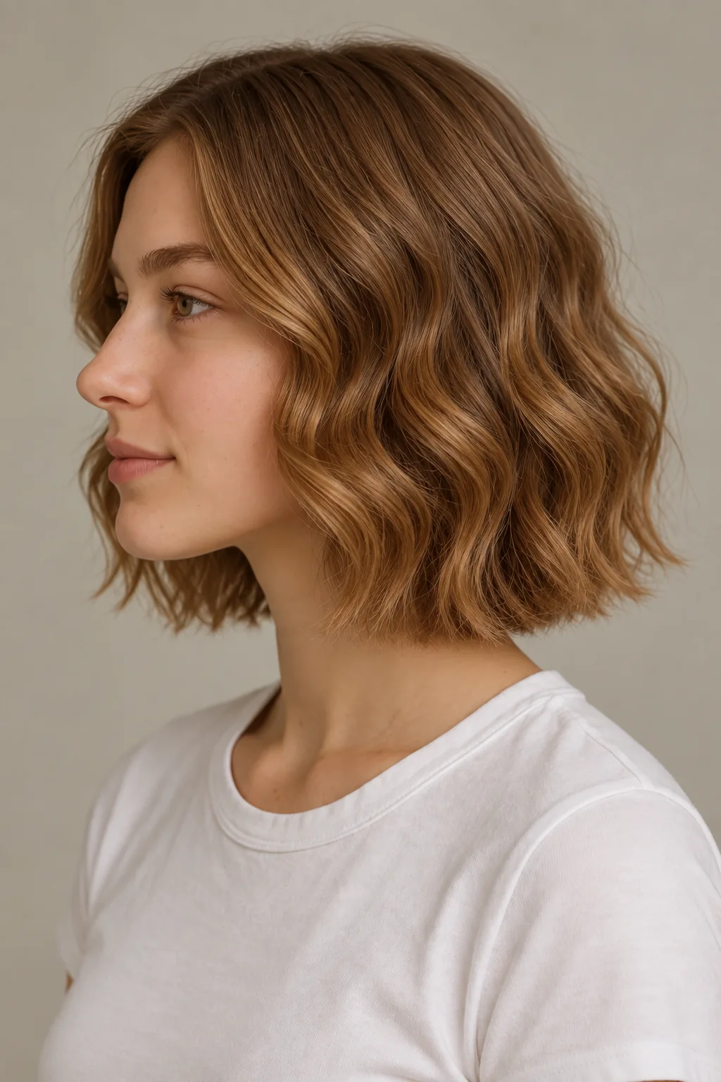 Left side view of a brown wavy bob with loose S-bends and a full soft upper-neck perimeter