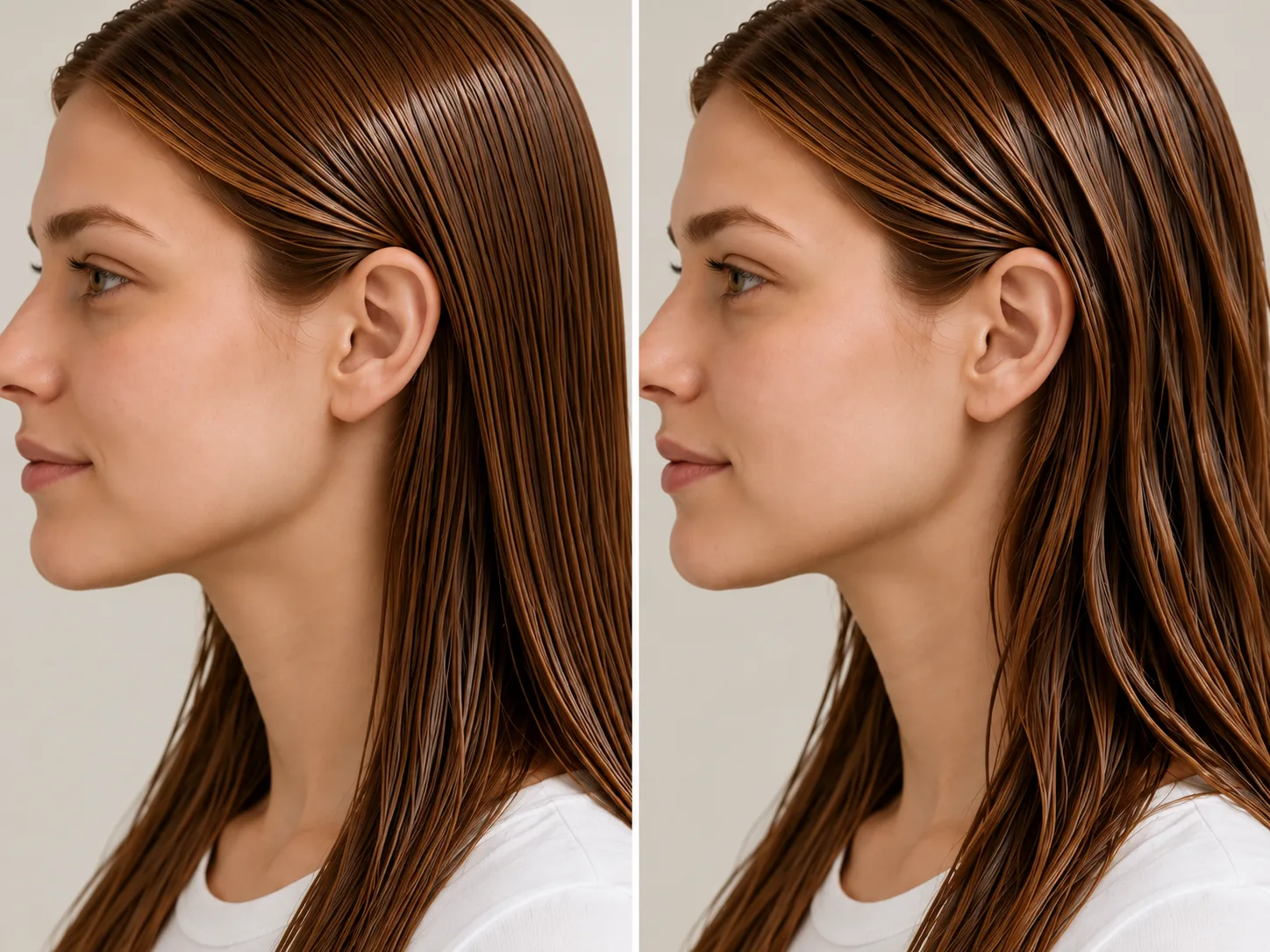 Close side views comparing a wet-look finish combed with a fine-tooth comb, which looks sealed and smooth, with one shaped using a wide-tooth comb, which shows separated channels.