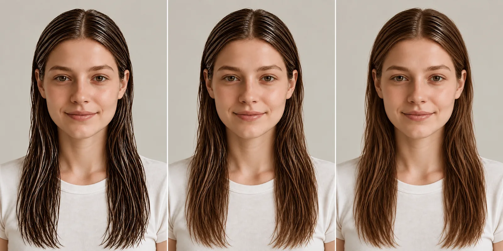 Three versions of the same long wet-look hairstyle side by side: glossy from roots to ends, glossy at the crown with softer lengths, and sleek roots with natural lengths.
