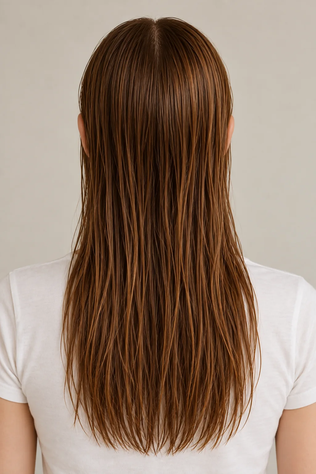 Rear view of long warm-brown wet-look hair with even glossy separation through the lower-chest ends