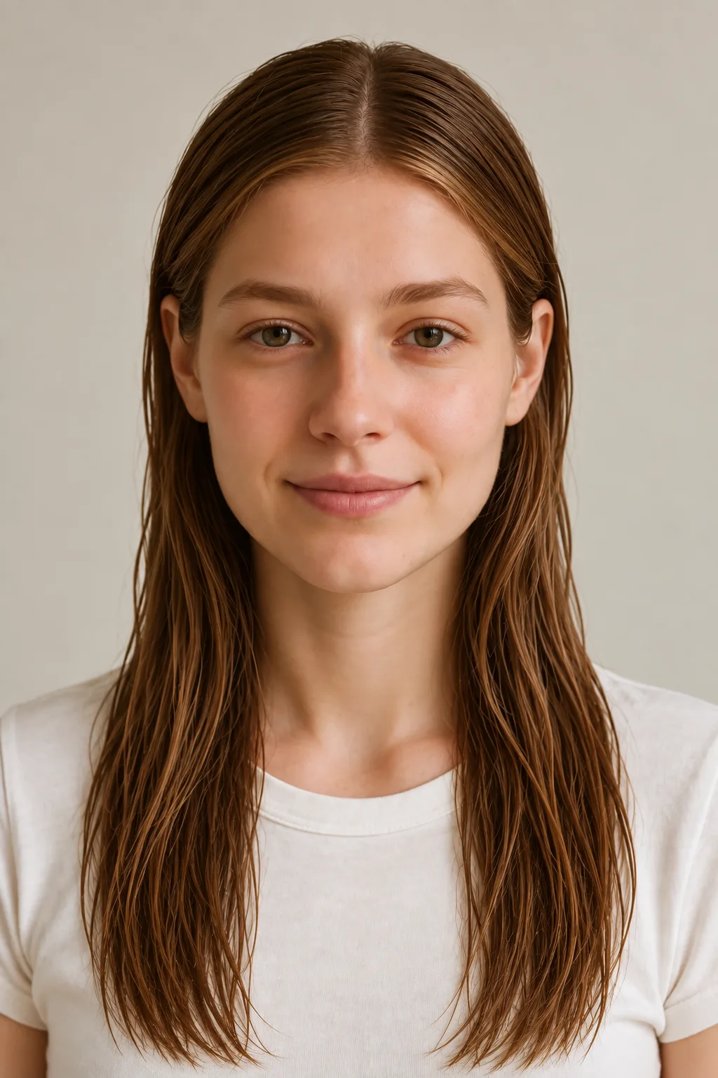 Front view of long warm-brown wet-look hair with a center part, glossy separated strands and both ears exposed