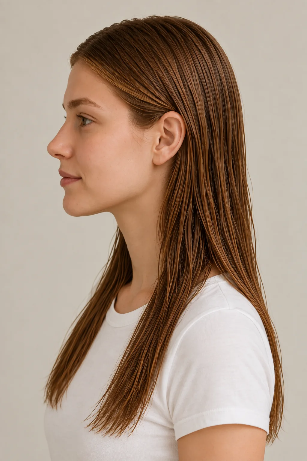 Left profile of long warm-brown wet-look hair combed behind the ear with glossy separated lengths