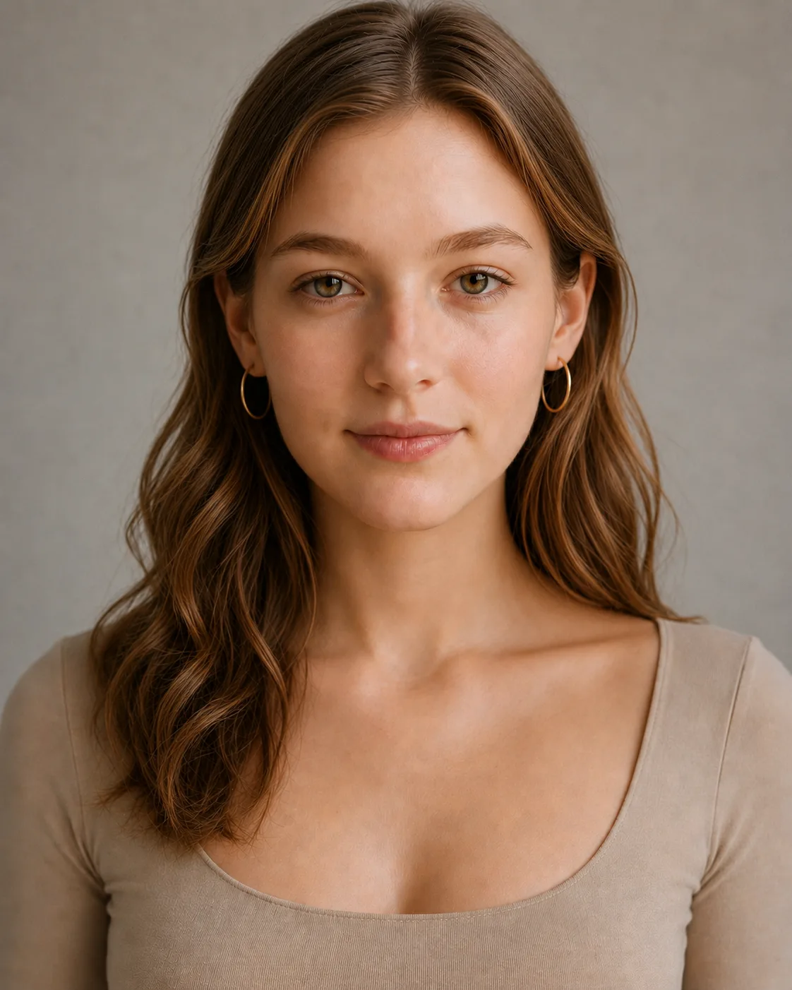 Jewelry — Thin gold hoops, shown on the model