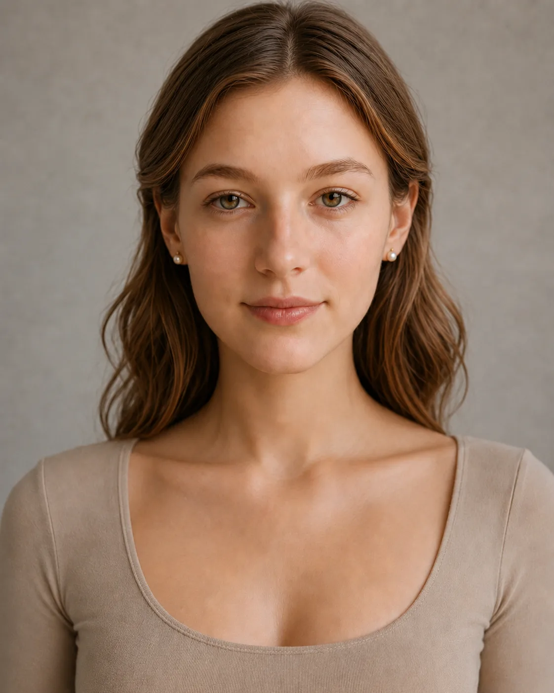 Jewelry — Pearl studs, shown on the model