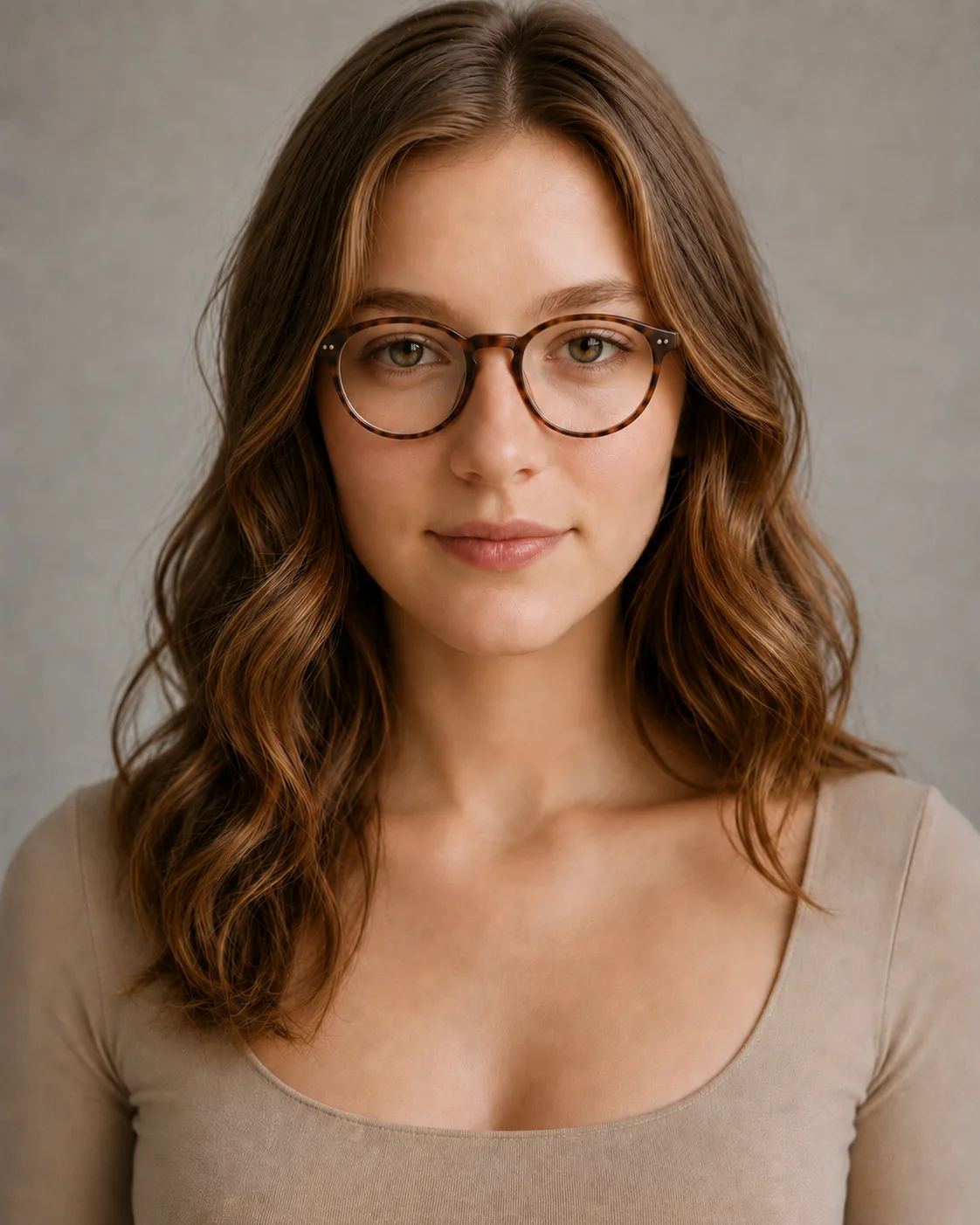 Glasses — Warm tortoise round, shown on the model