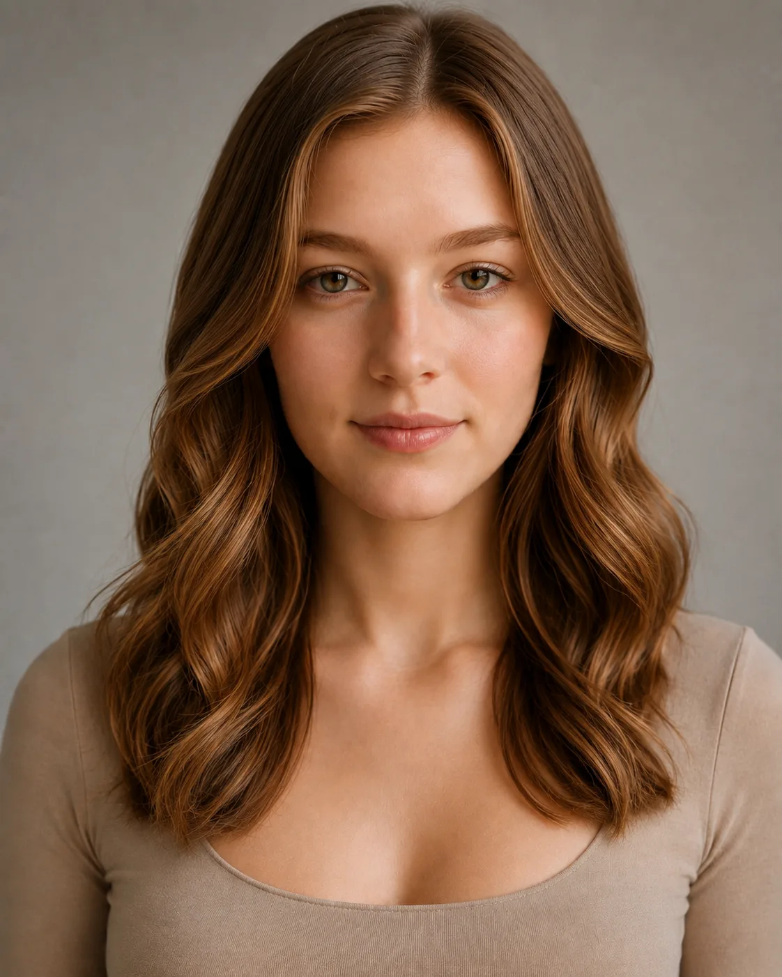 Hair — Golden caramel — worn long, shown on the model