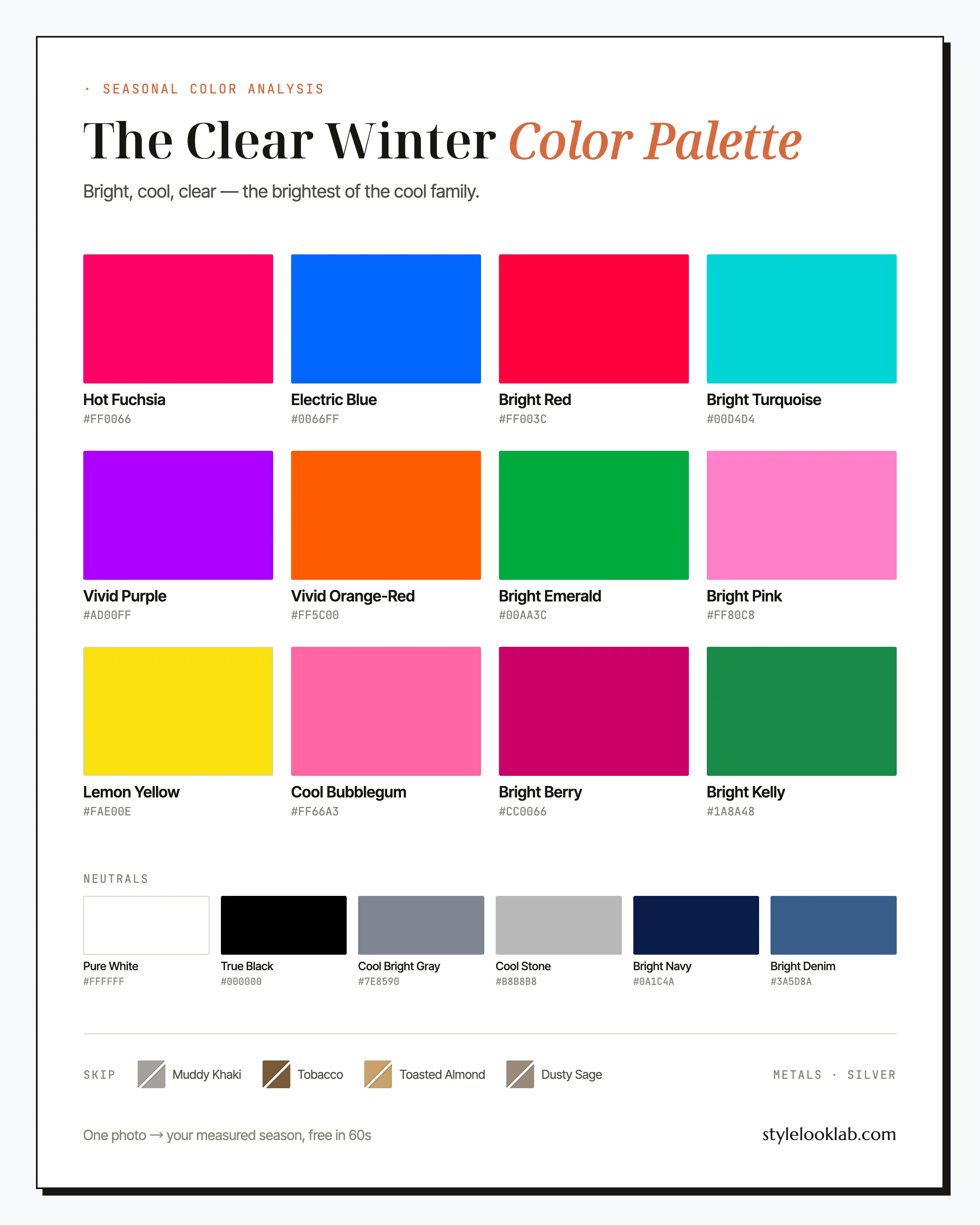 Clear Winter color palette chart with named colors