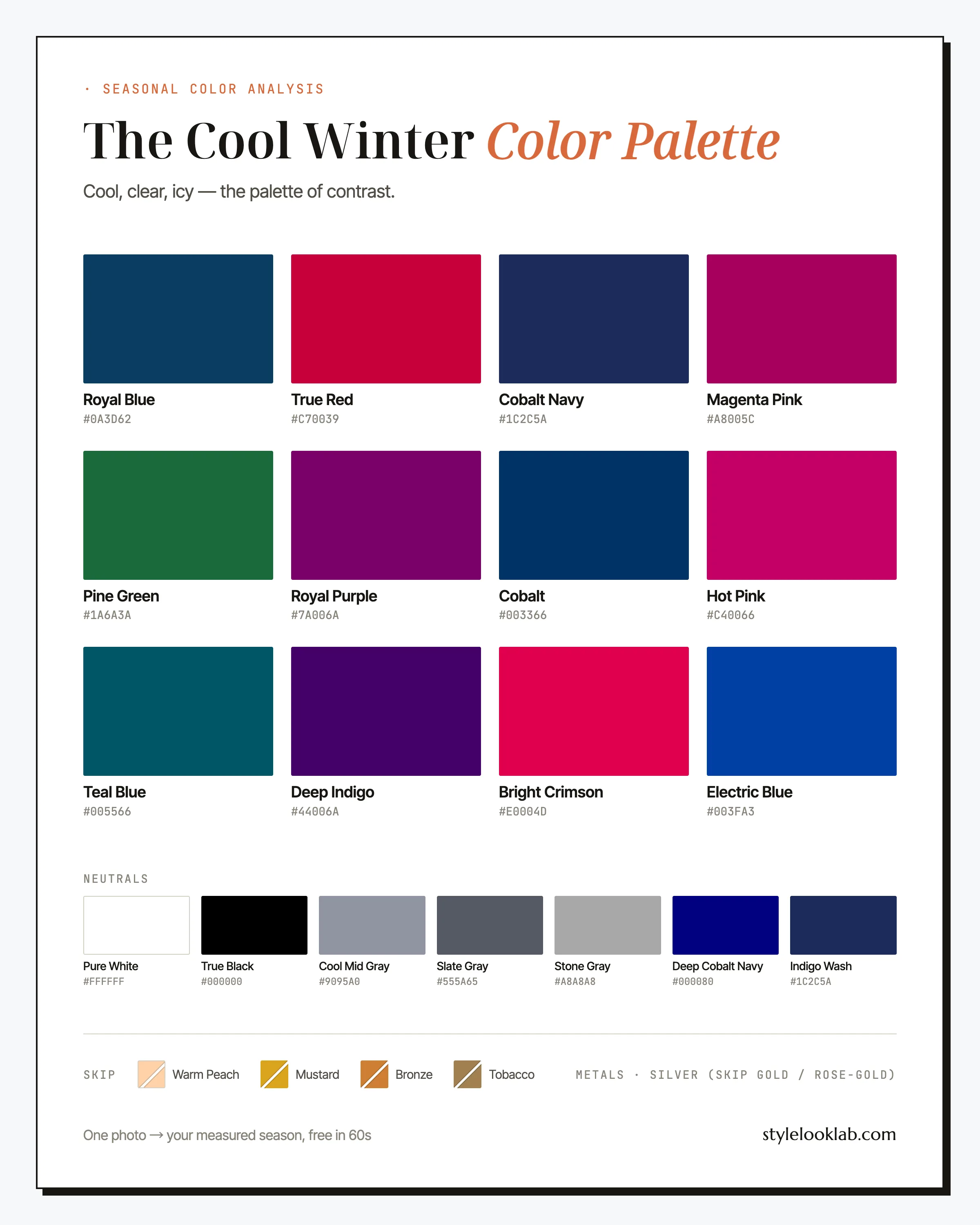 Cool Winter color palette chart with named colors