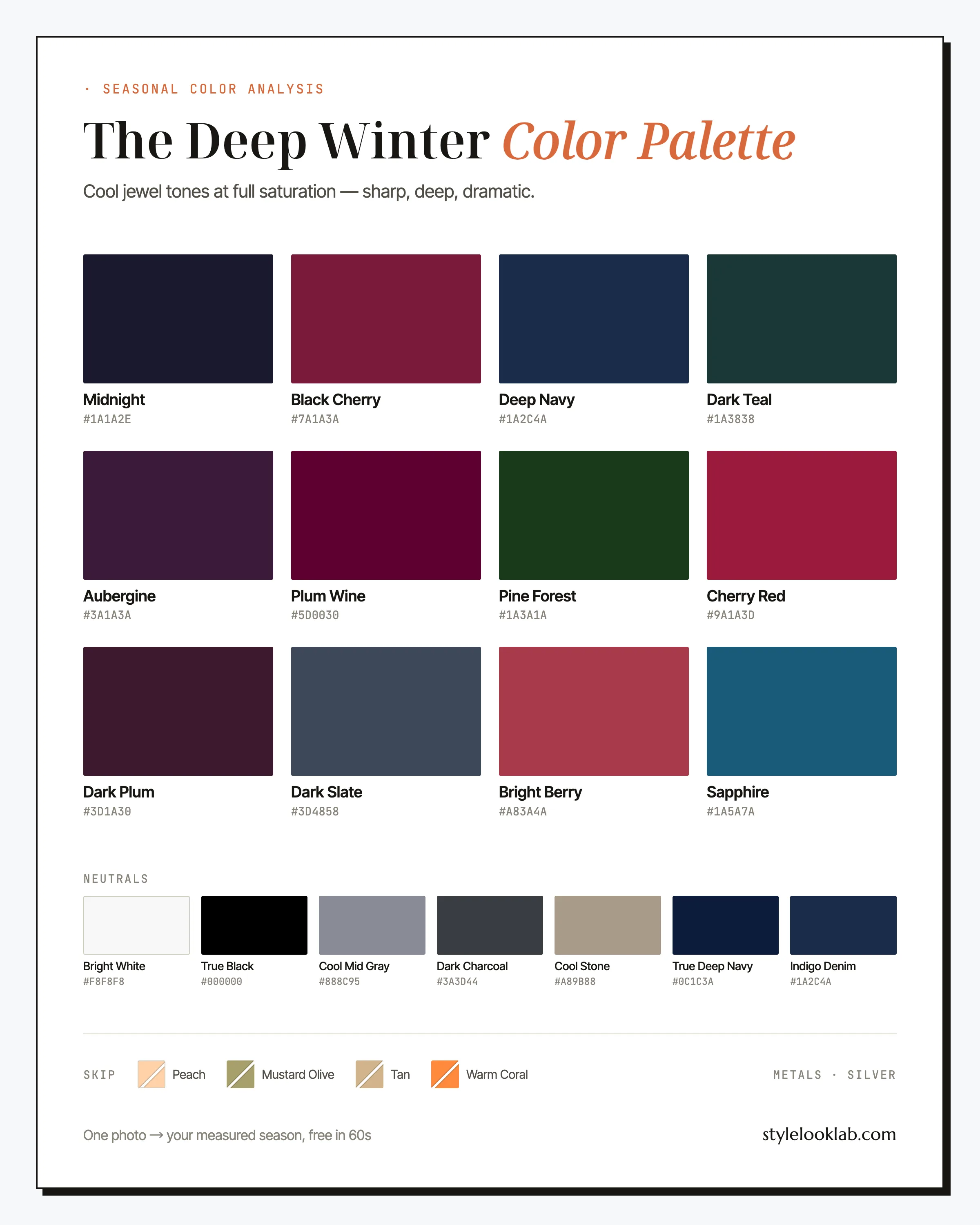 Deep Winter color palette chart with named colors