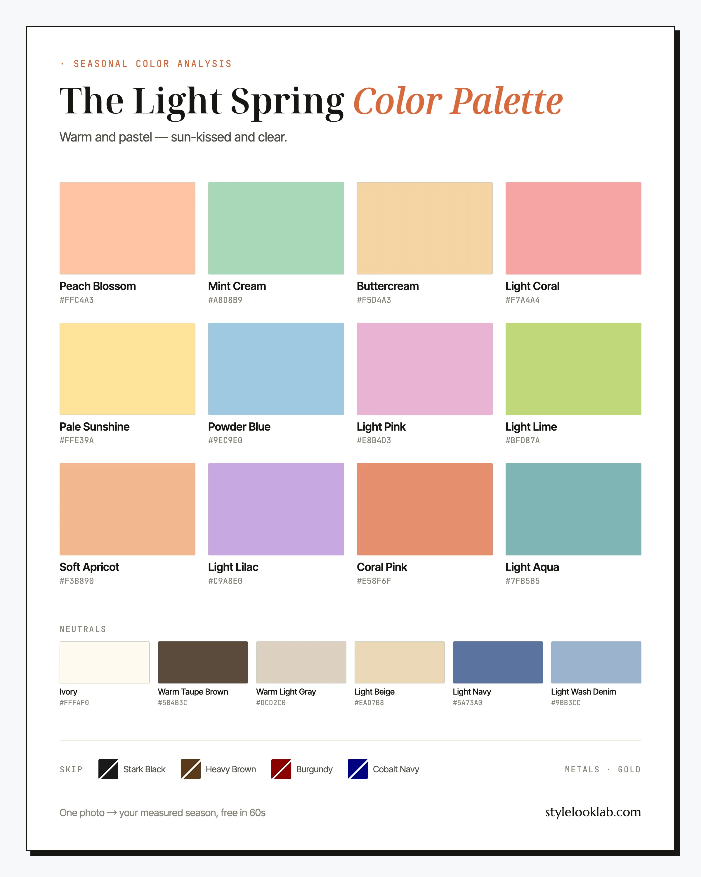 Light Spring color palette chart with named colors