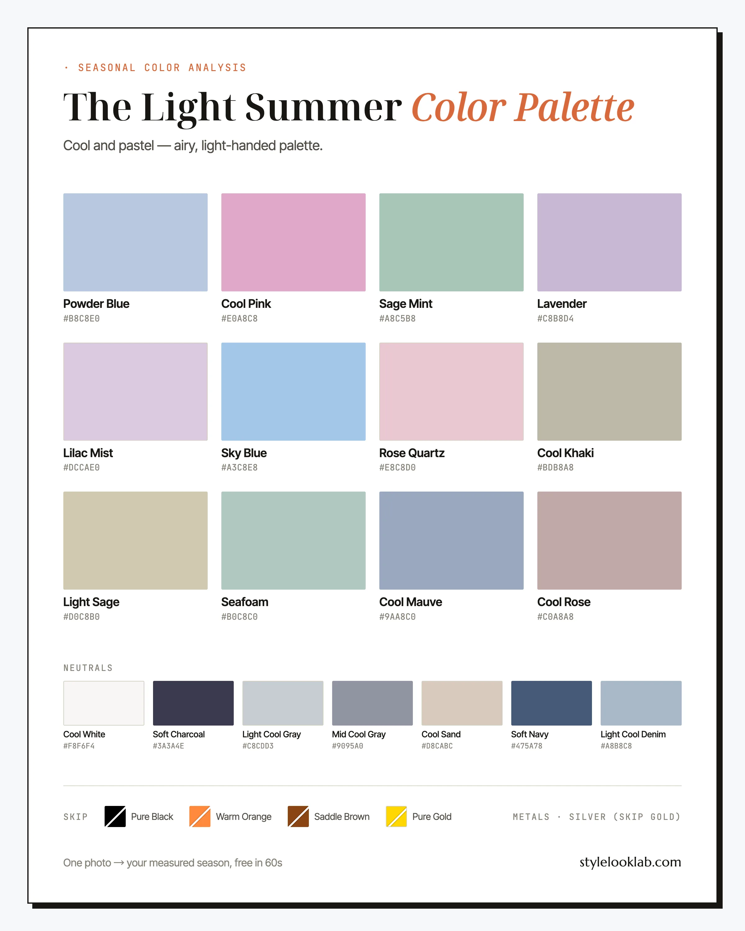 Light Summer color palette chart with named colors