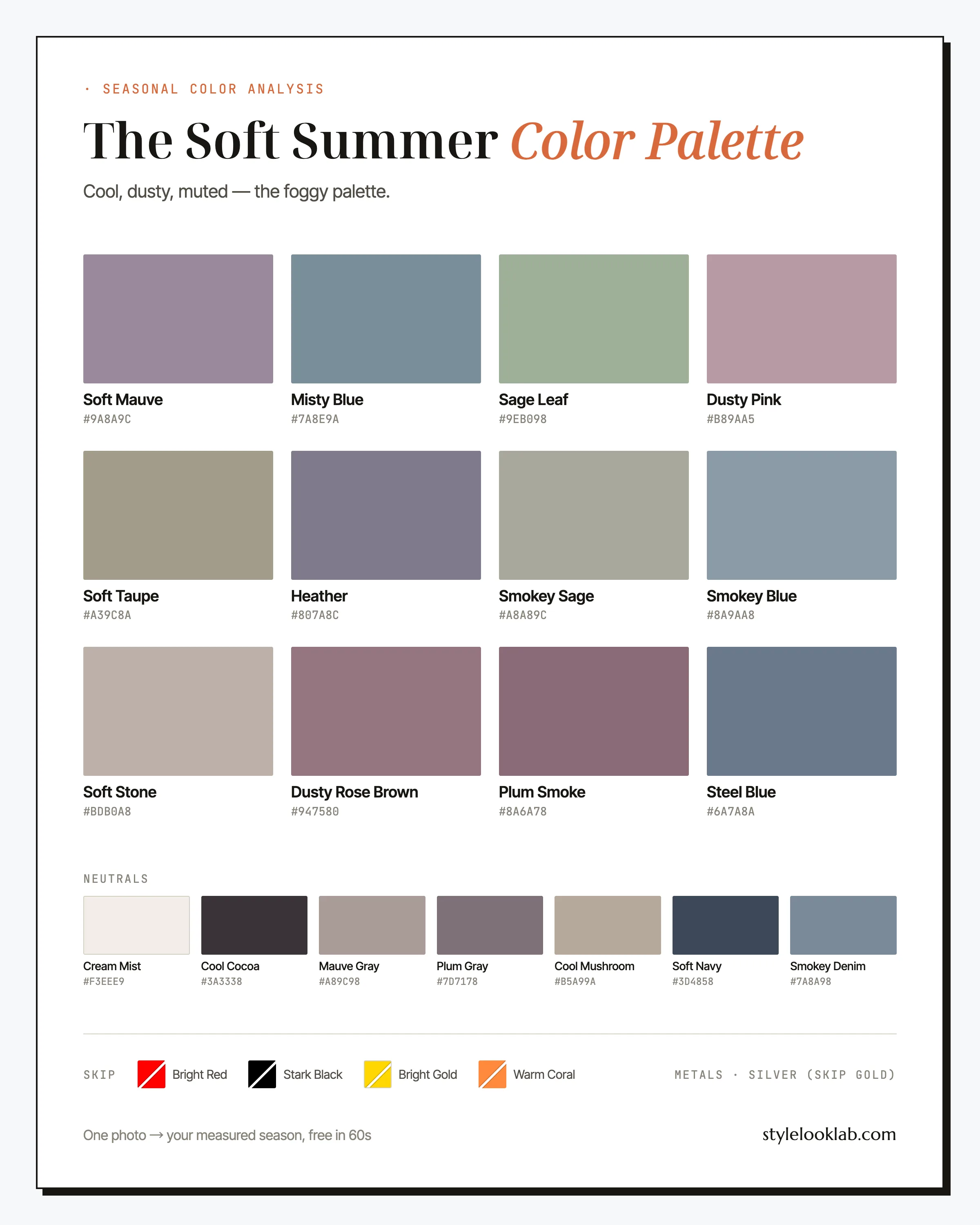 Soft Summer color palette chart with named colors
