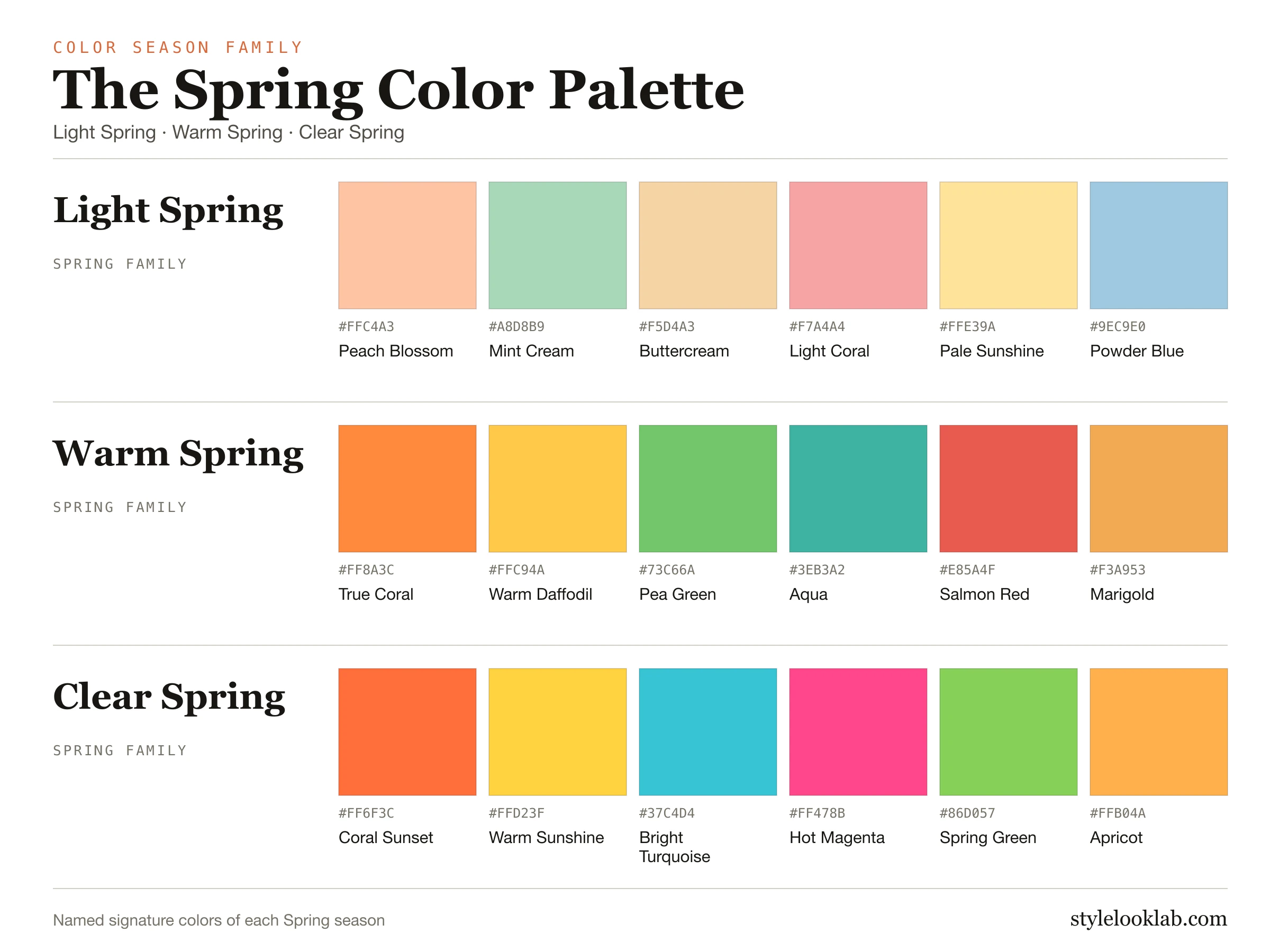 Spring color palette: Light Spring, Warm Spring, and Clear Spring swatches