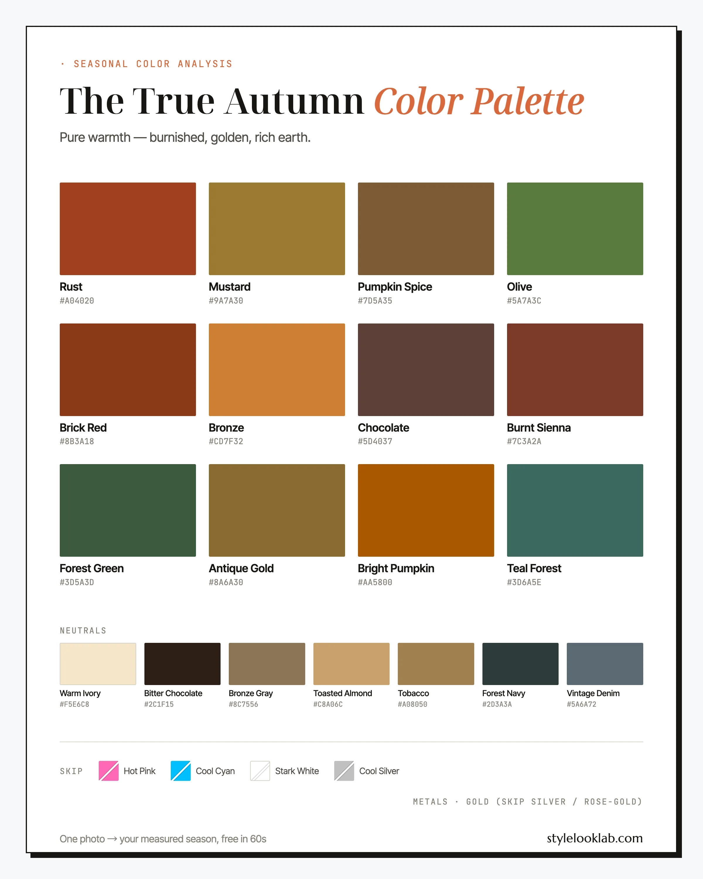 True Autumn color palette chart with named colors