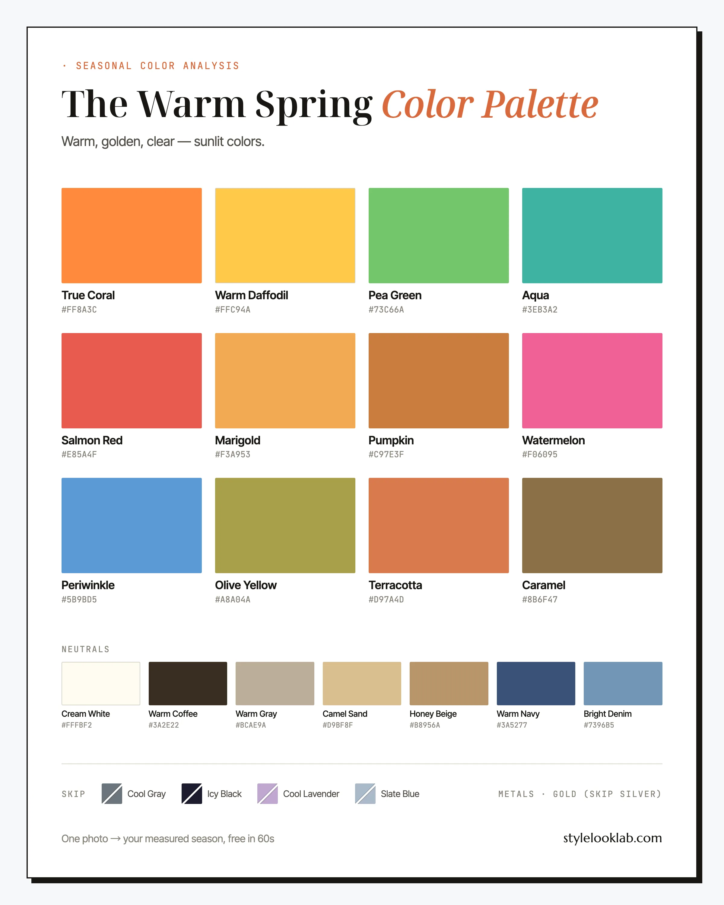 Warm Spring color palette chart with named colors