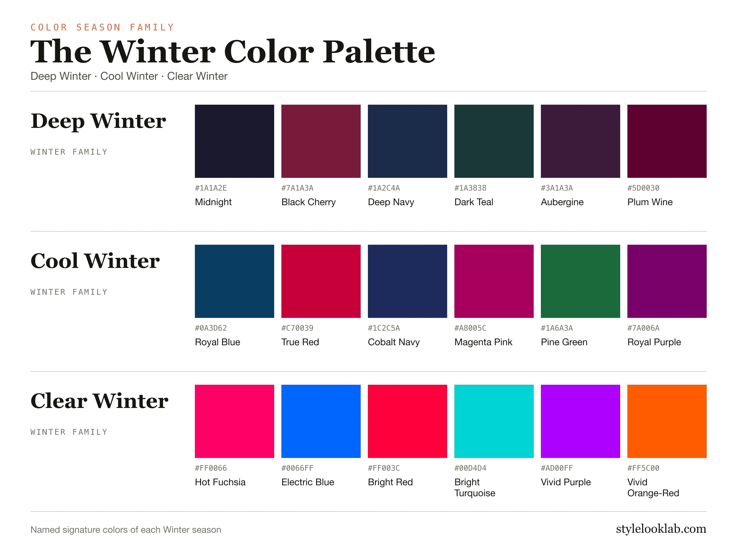 Winter color palette: Deep Winter, Cool Winter, and Clear Winter swatches