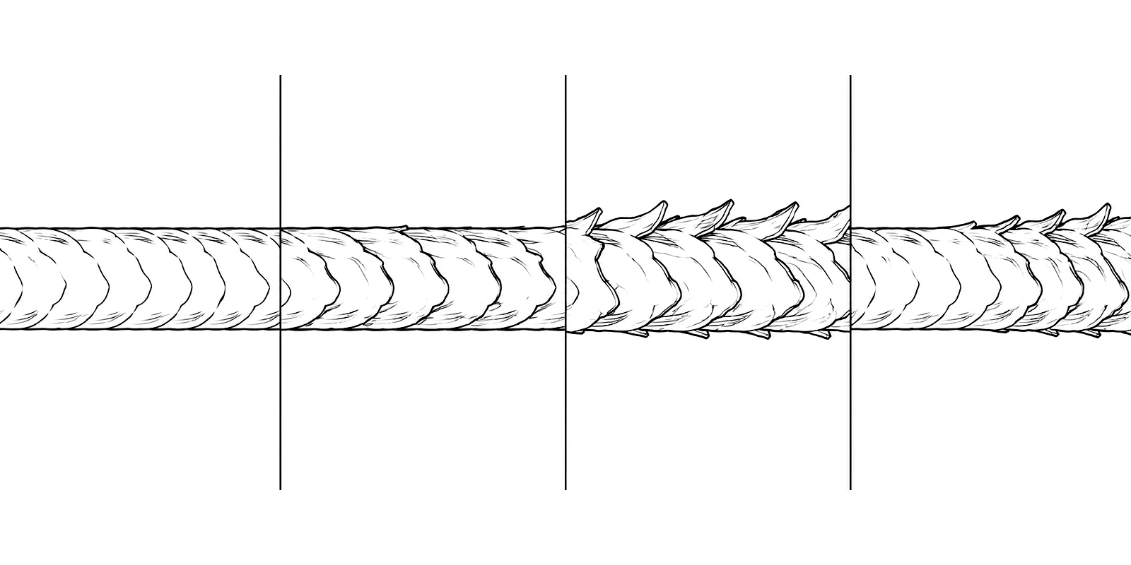 A hair strand magnified until its cuticle scales show, drawn across four panels. In the first the scales lie flat and closed against the shaft. In the second they are barely lifted. In the third they flare open along the whole length. In the fourth the same strand is closed at one end and open at the other. It is a black line drawing on white, with nothing labelled.
