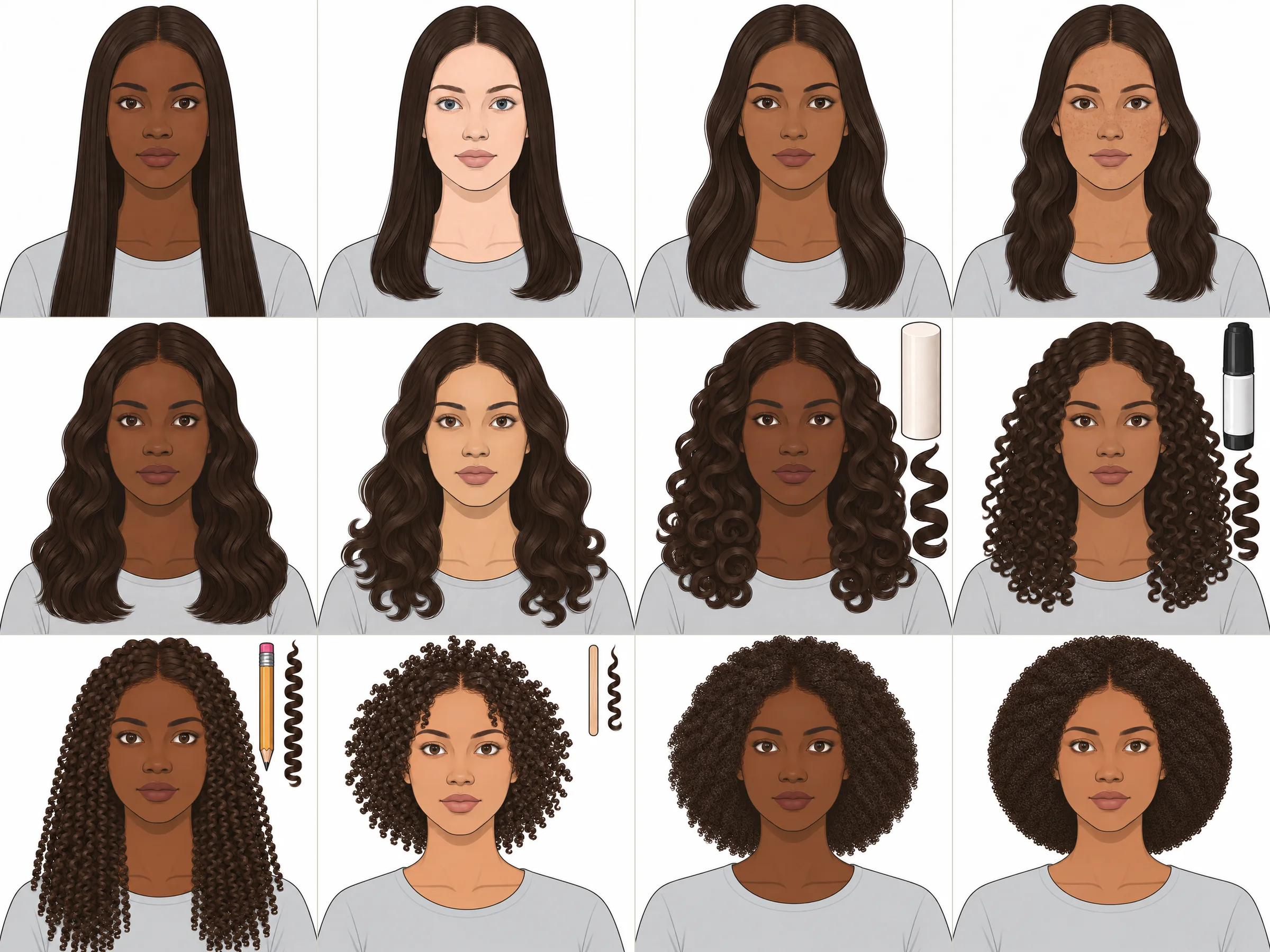 Illustrated hair type chart of the 12 hair types, one cell each and read in order: 1A, 1B, 1C, 2A, 2B, 2C, 3A, 3B, 3C, 4A, 4B, 4C. Every cell is the same head-and-shoulders drawing in the same pose, lighting and grey t-shirt, so little but the hair changes from cell to cell; the faces differ in eye color and freckles, and skin tone varies from deep to light across the set rather than running in order. The pattern tightens cell by cell: flat and straight in 1A, a bend toward the ends in 1B and 1C, loose then defined S-waves through the type 2 cells, closed loops in 3A, springy ringlets in 3B, narrow corkscrews in 3C, and small dense coils in the type 4 cells. Beside the 3A, 3B, 3C and 4A cells stands one everyday object with a strand of matching curl width hanging next to it: sidewalk chalk, a marker, a pencil and a coffee stirrer, each narrower than the one before. All twelve cells show the hair dry and air-dried.