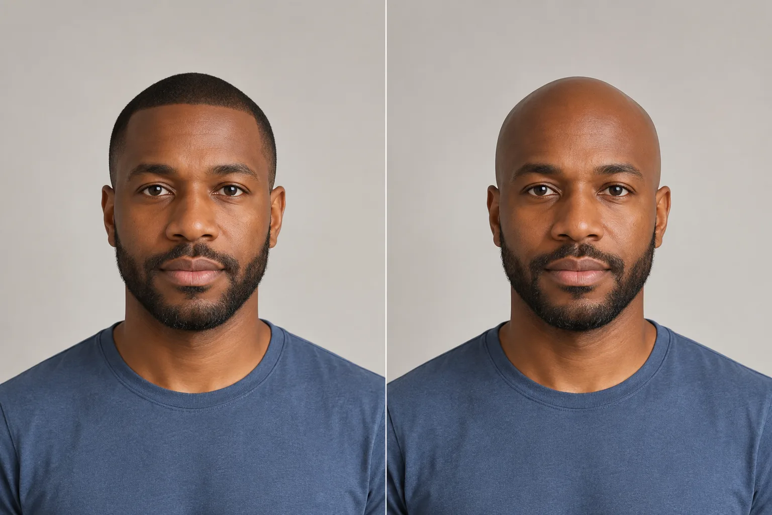 A bearded man with a buzz cut compared with a bald look
