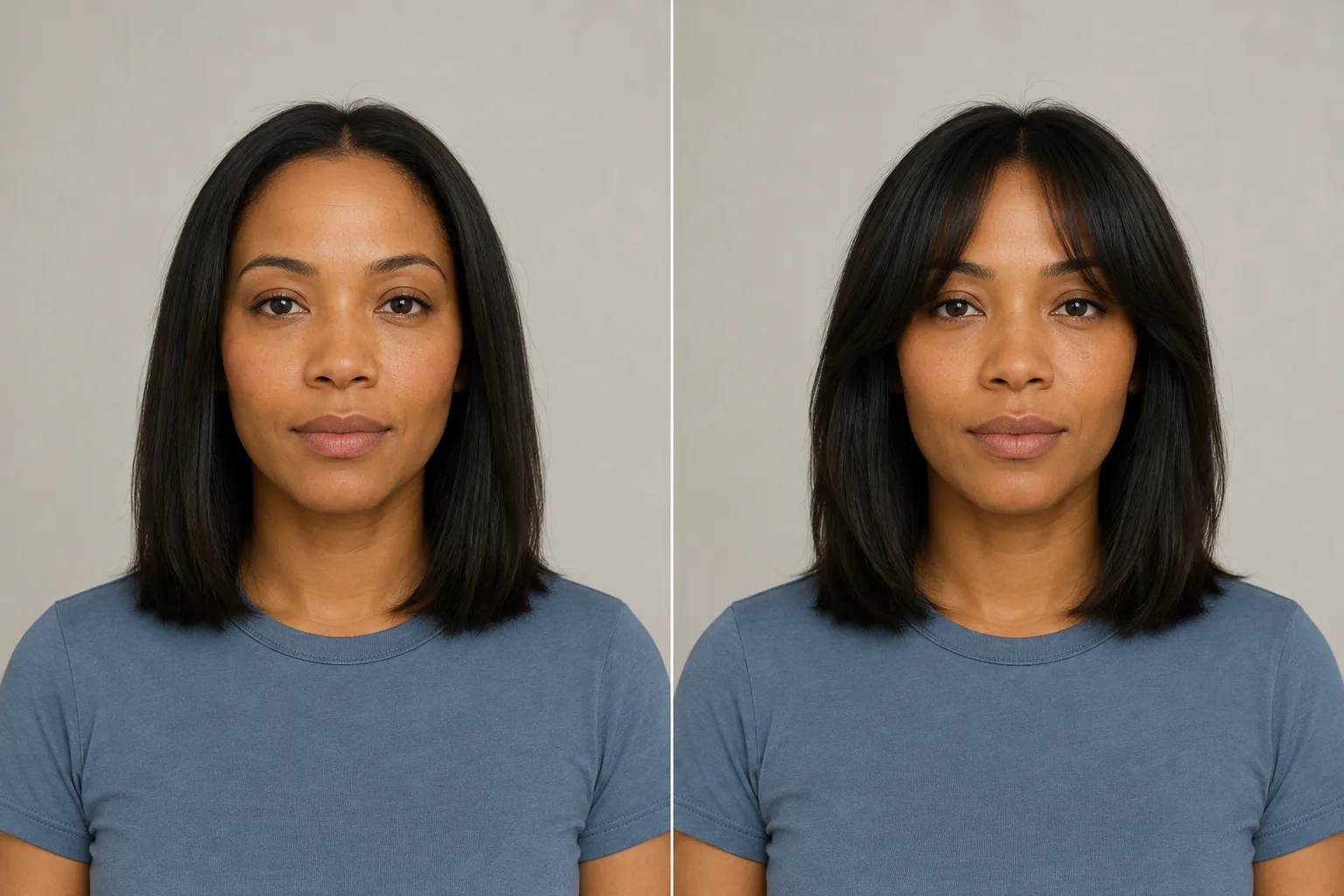 The same woman shown without a fringe and with center-parted curtain bangs