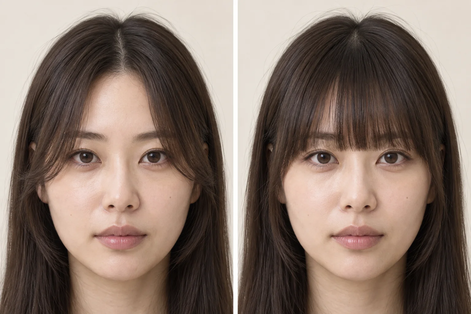 Close front comparison of the same woman with open center-parted curtain bangs on the left and a straight blunt fringe on the right