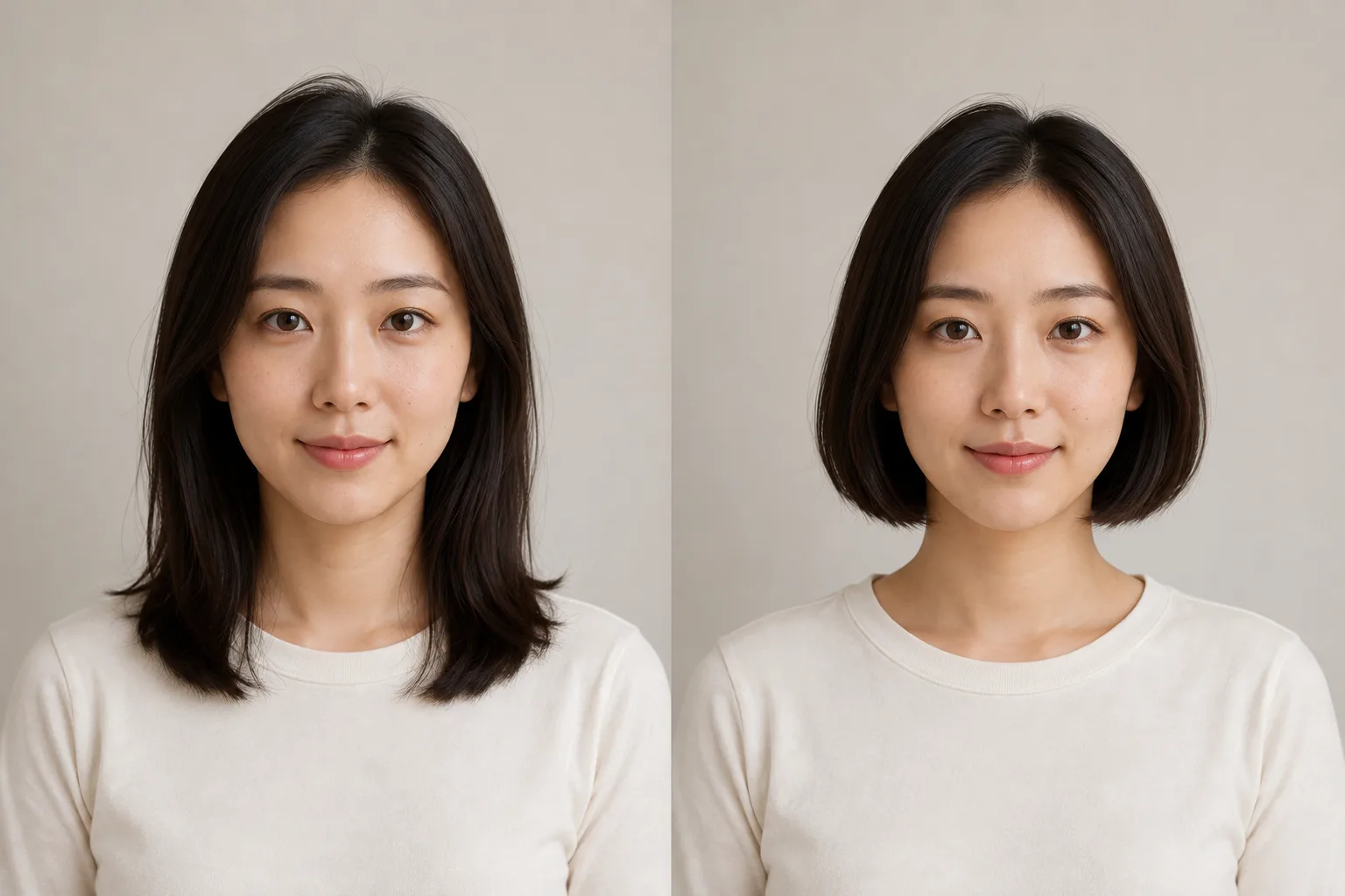 The same woman with shoulder-length straight hair and a chin-length bob